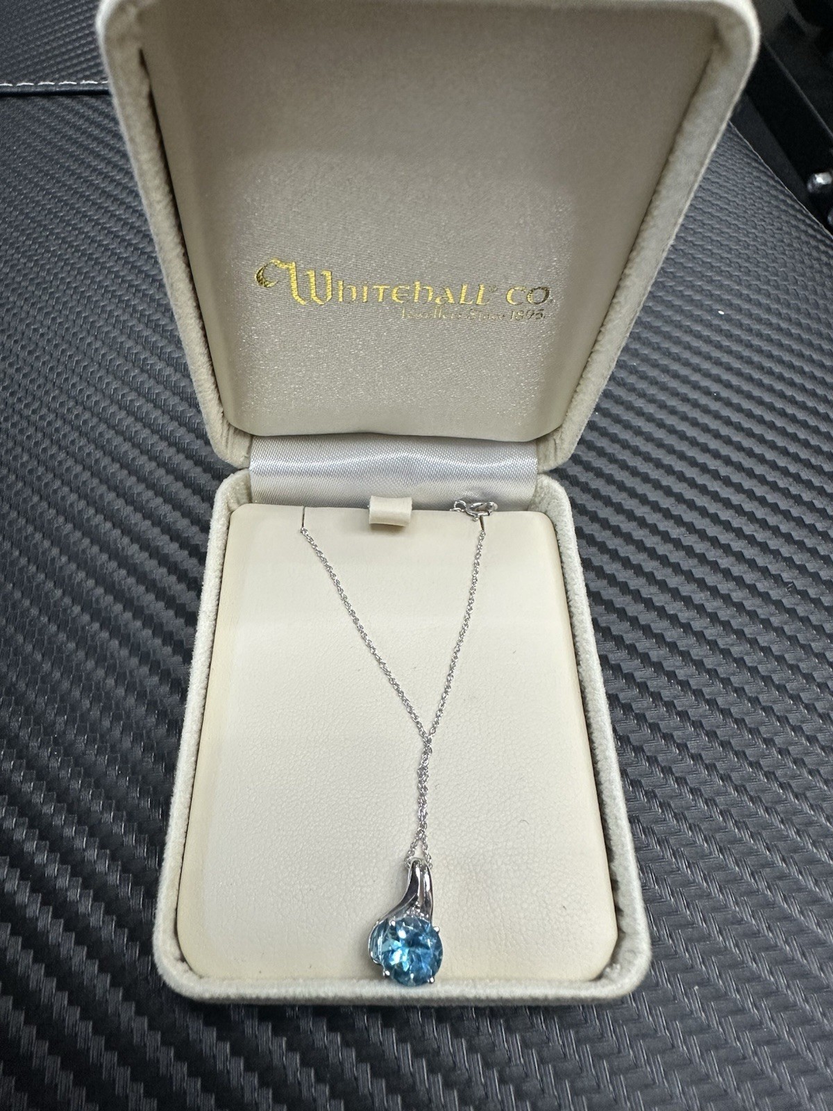 Blue Gemstone Pendant in 10K White Gold, Spring Ring Clasp, 17″ Wht Gold Chn