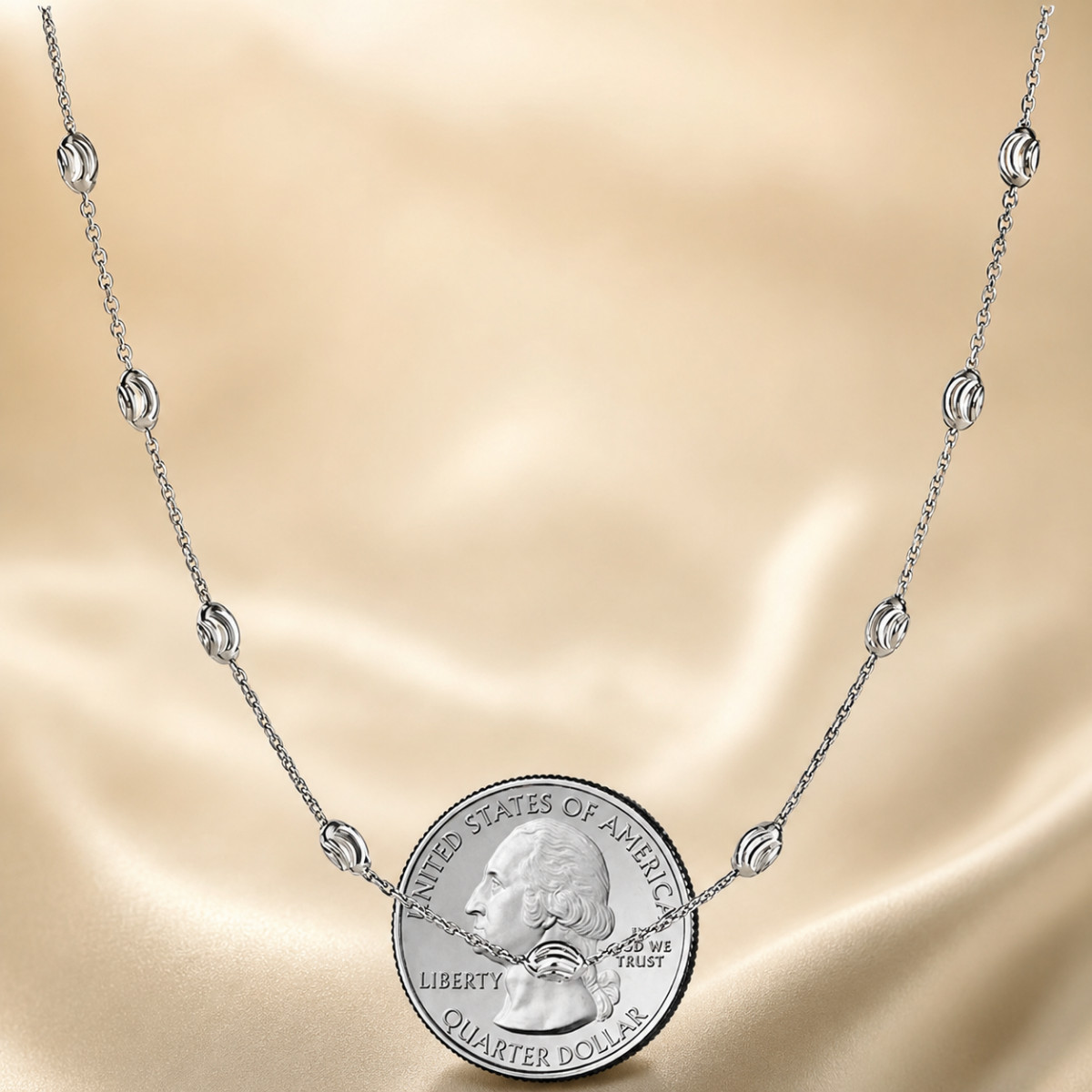 Moon Bead Station Necklace 925 Solid Sterling Silver 3mm Diamond Cut Chain 18 In