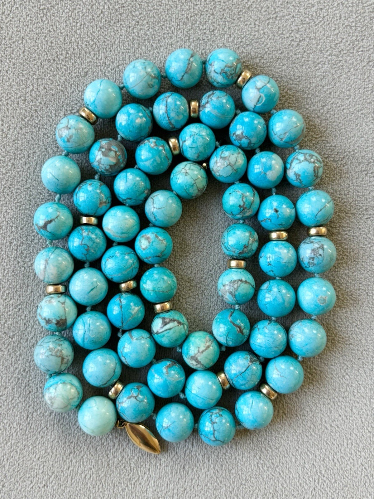 Solid 14k Yellow Gold 12mm Round Natural Turquoise Beaded Necklace 33” 159g
