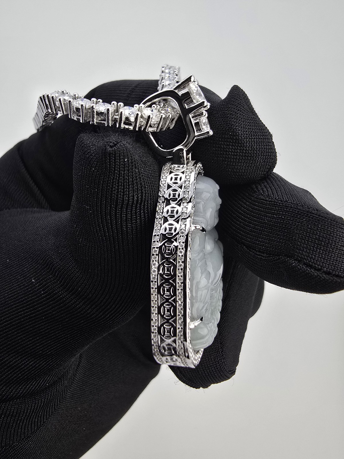 Jade Buddha Pendant Necklace VVS1 Moissanite Tennis Chain 925 Silver 22
