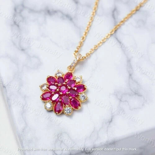 3Ct Oval Cut Red Ruby Flower Cluster Pendant 14K Yellow Gold Finish Free Chain