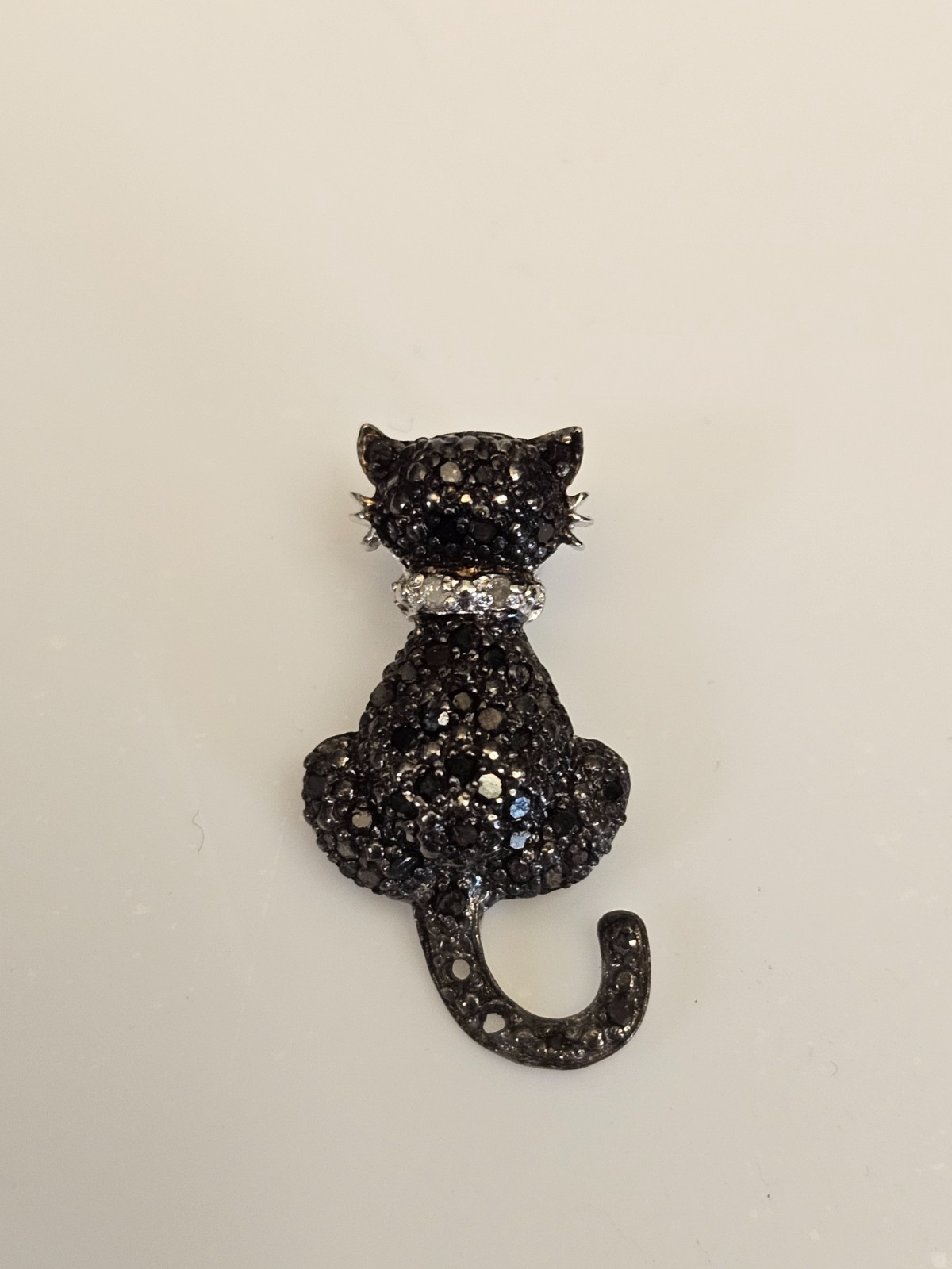 Estate OTC Diamond 1/4Ct Black White Cat Sterling Silver 925 Figural Pendant