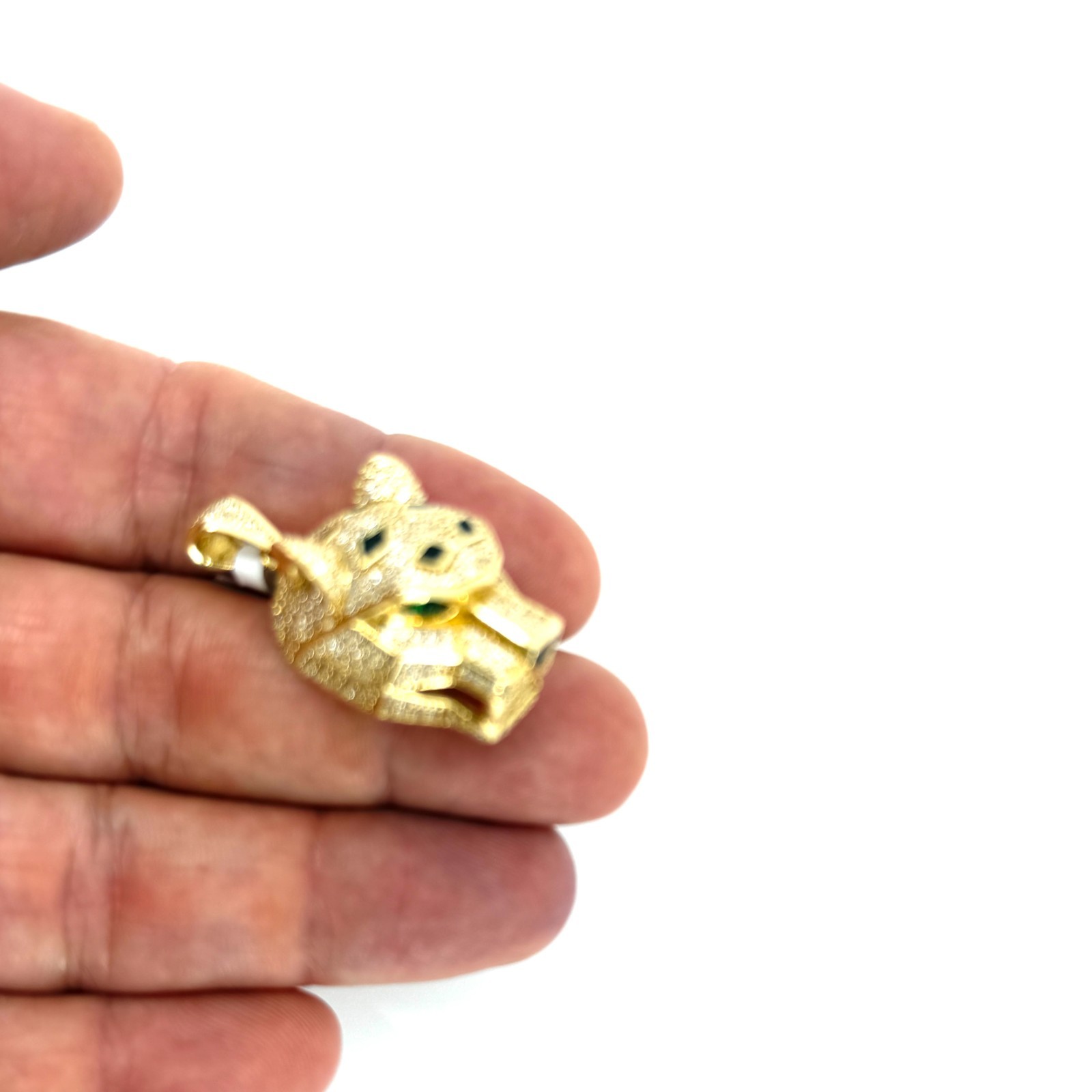 Real 14K Solid Yellow Gold Iced Panther Head Pendant CZ Black Enamel Jaguar