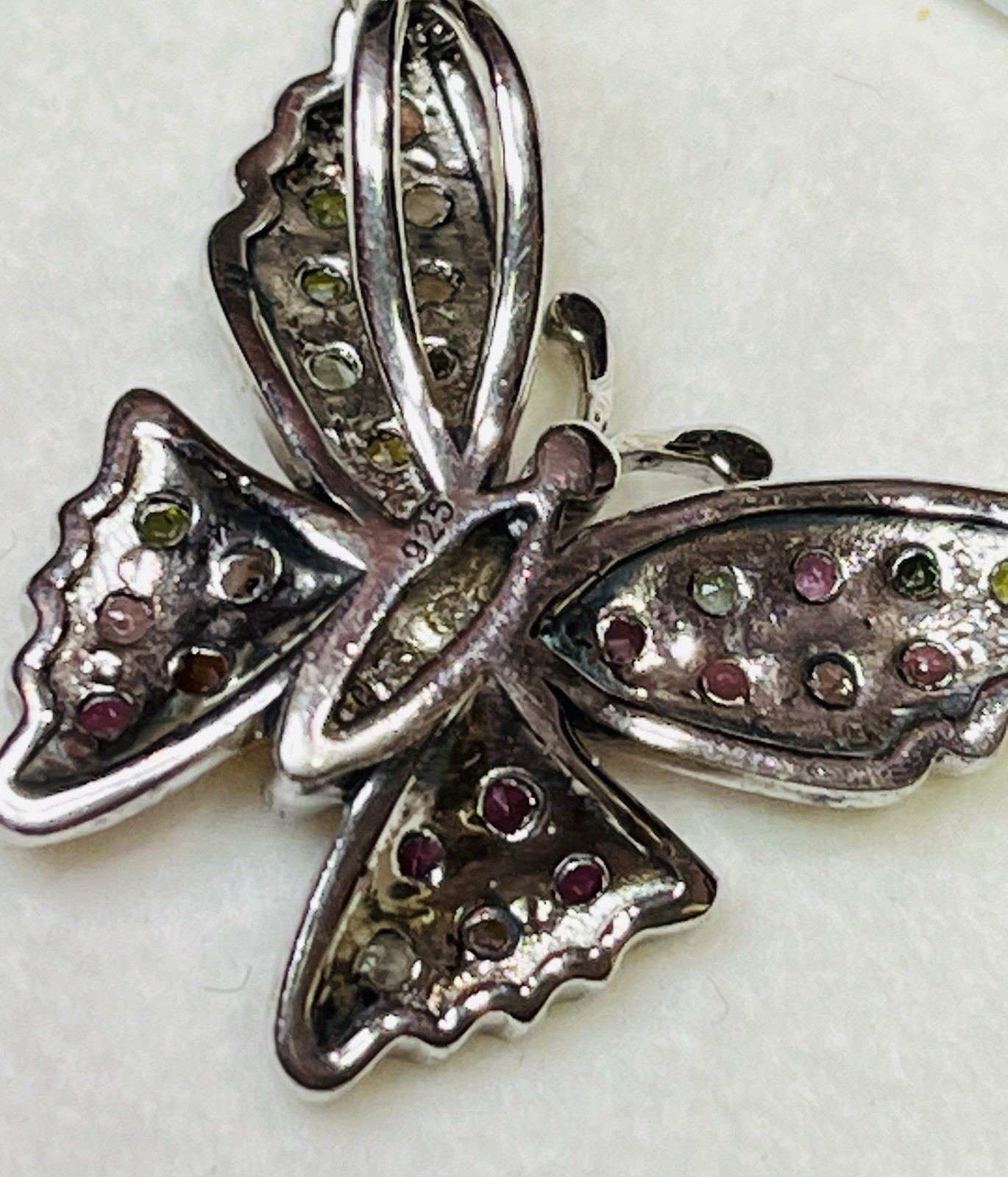 925 Sterling Silver Tourmaline Pink Green Blue Yellow Butterfly Pendant Necklace