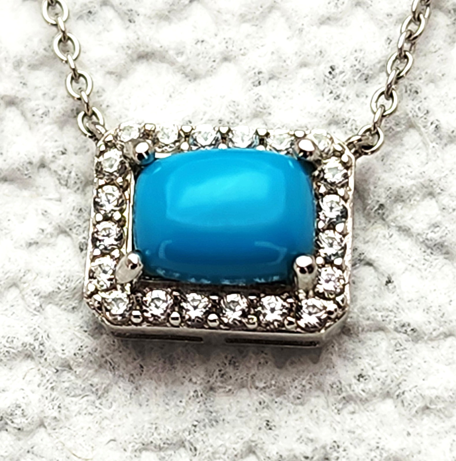 Wonderful Sterling Silver Turquoise Clear Stone Rectangle MLD 18” Necklace