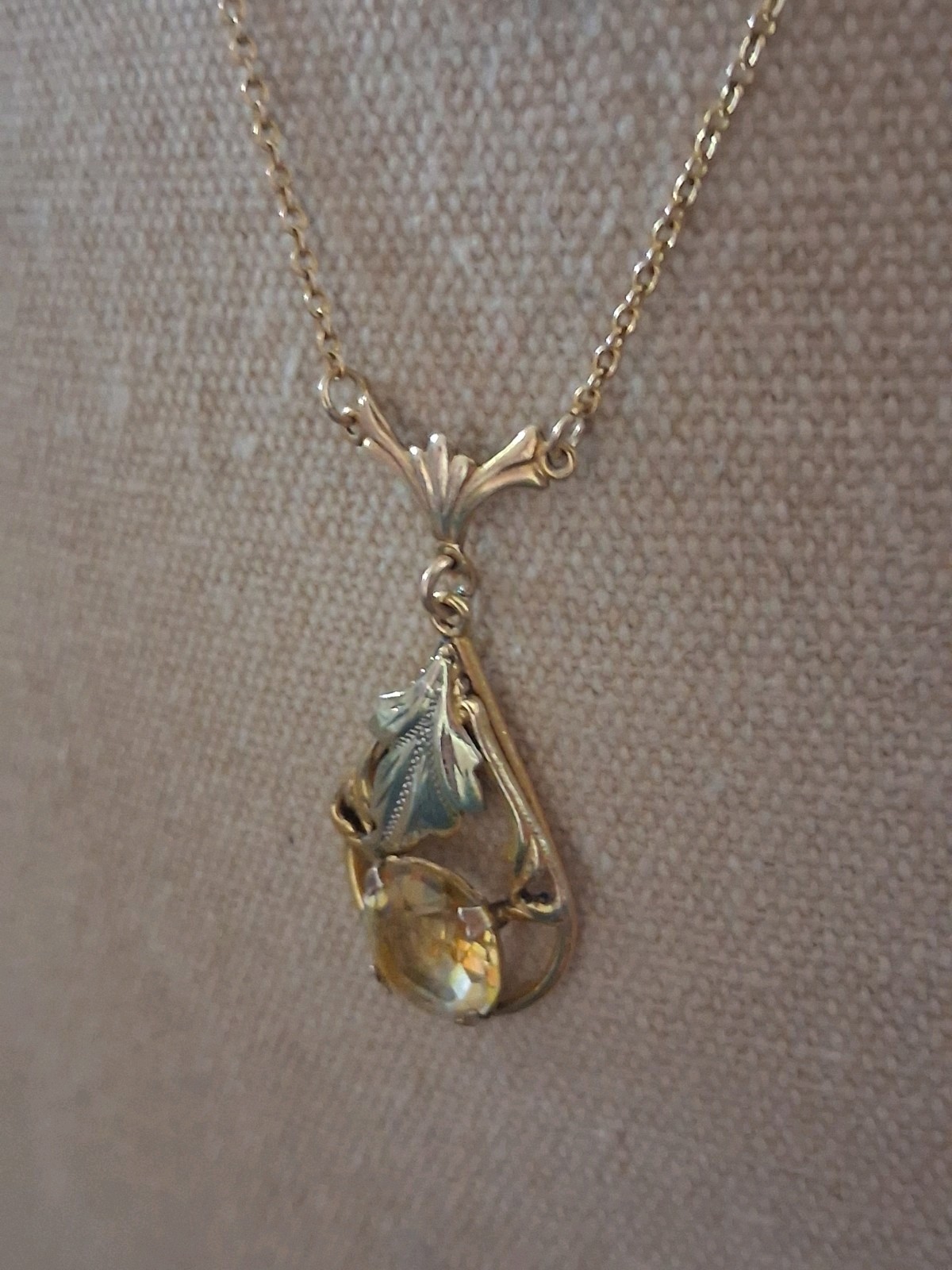 Art Deco 14k & 10k Yellow Gold Citrine Lariat Pendant Necklace 16″