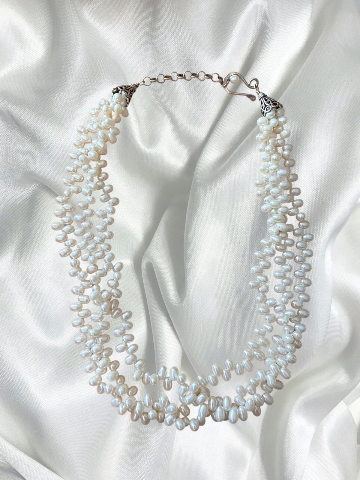 Multi Strand Freshwater Pearl Necklace White Rice Pearls Orante Silver Hook