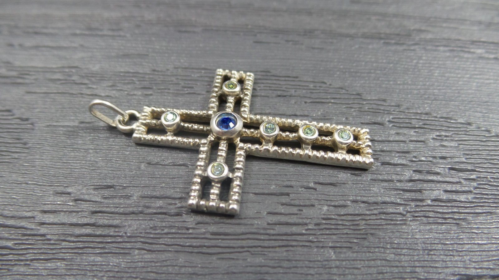 Vintage Sterling Silver Larger Green Blue Stone Religious Cross Rope Pendant
