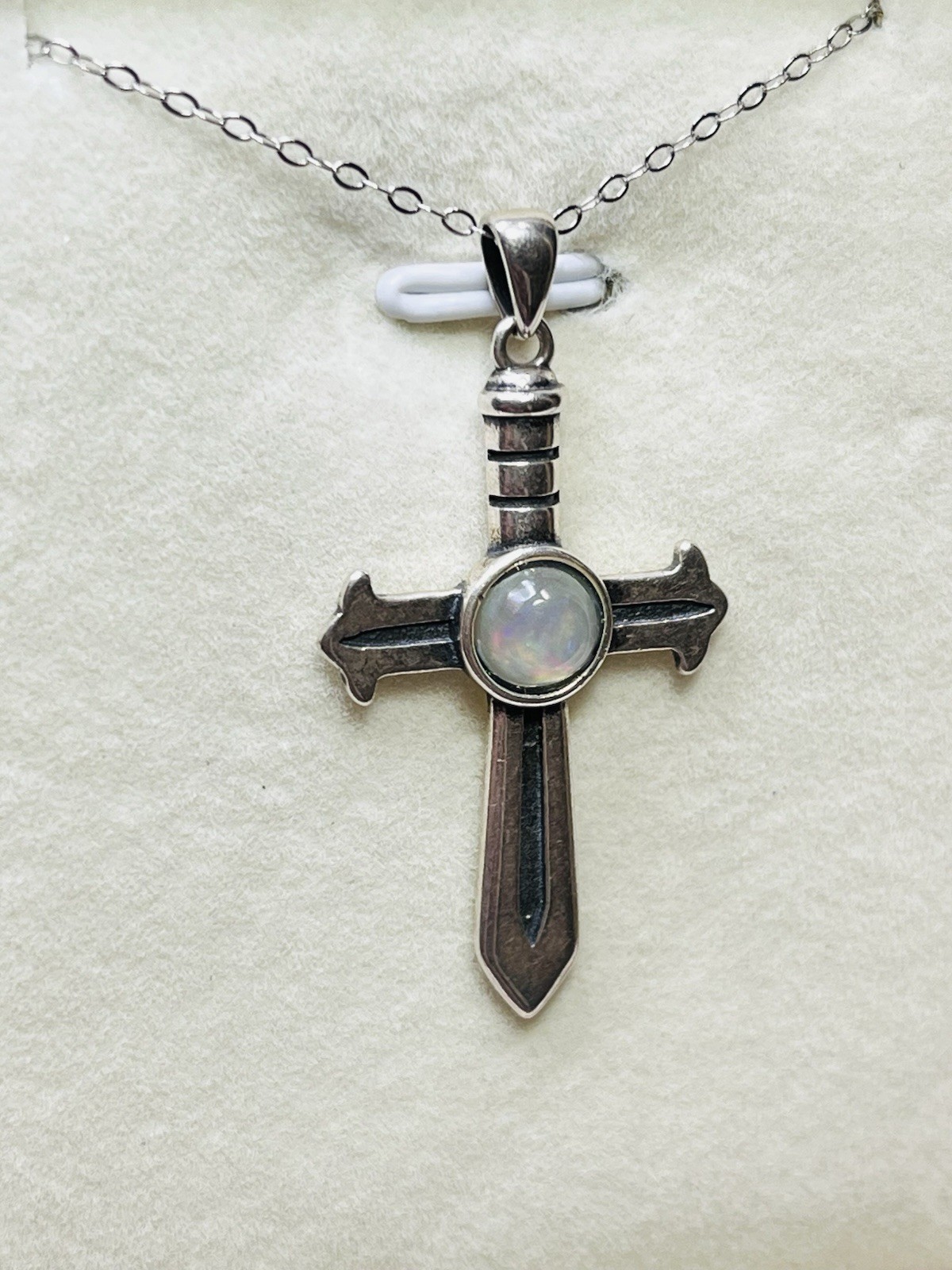 925 Sterling Silver Natural Rainbow Opal Sword Cross Pendant Necklace Unisex Man
