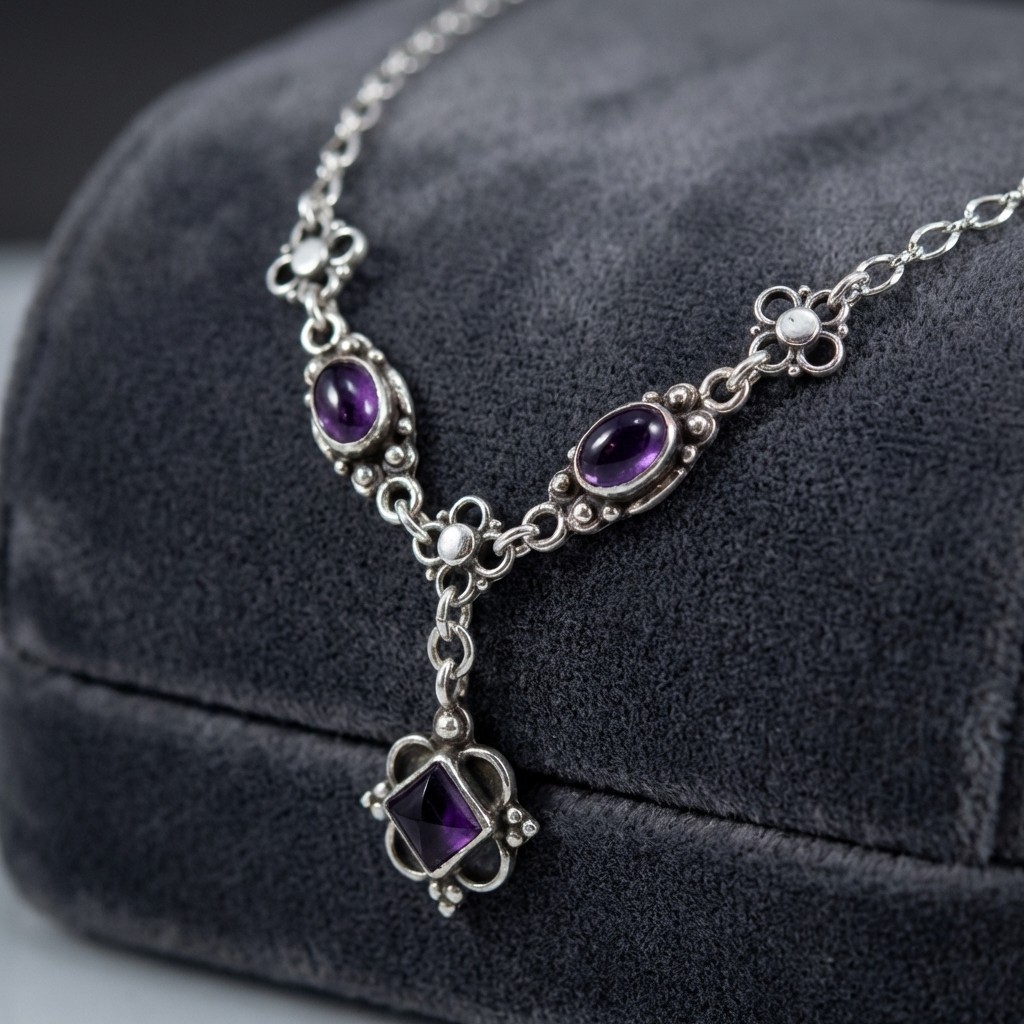Vintage 925 Sterling Silver Amethyst Deep Royal Purple Floral Necklace