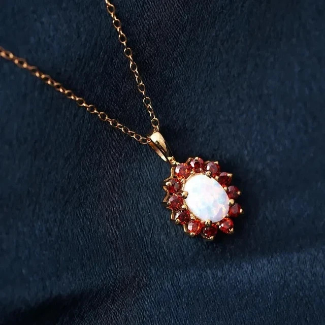 2Ct Oval Lab Created Garnet Opal Cluster Pendant Necklace 14k Yellow Gold Plated