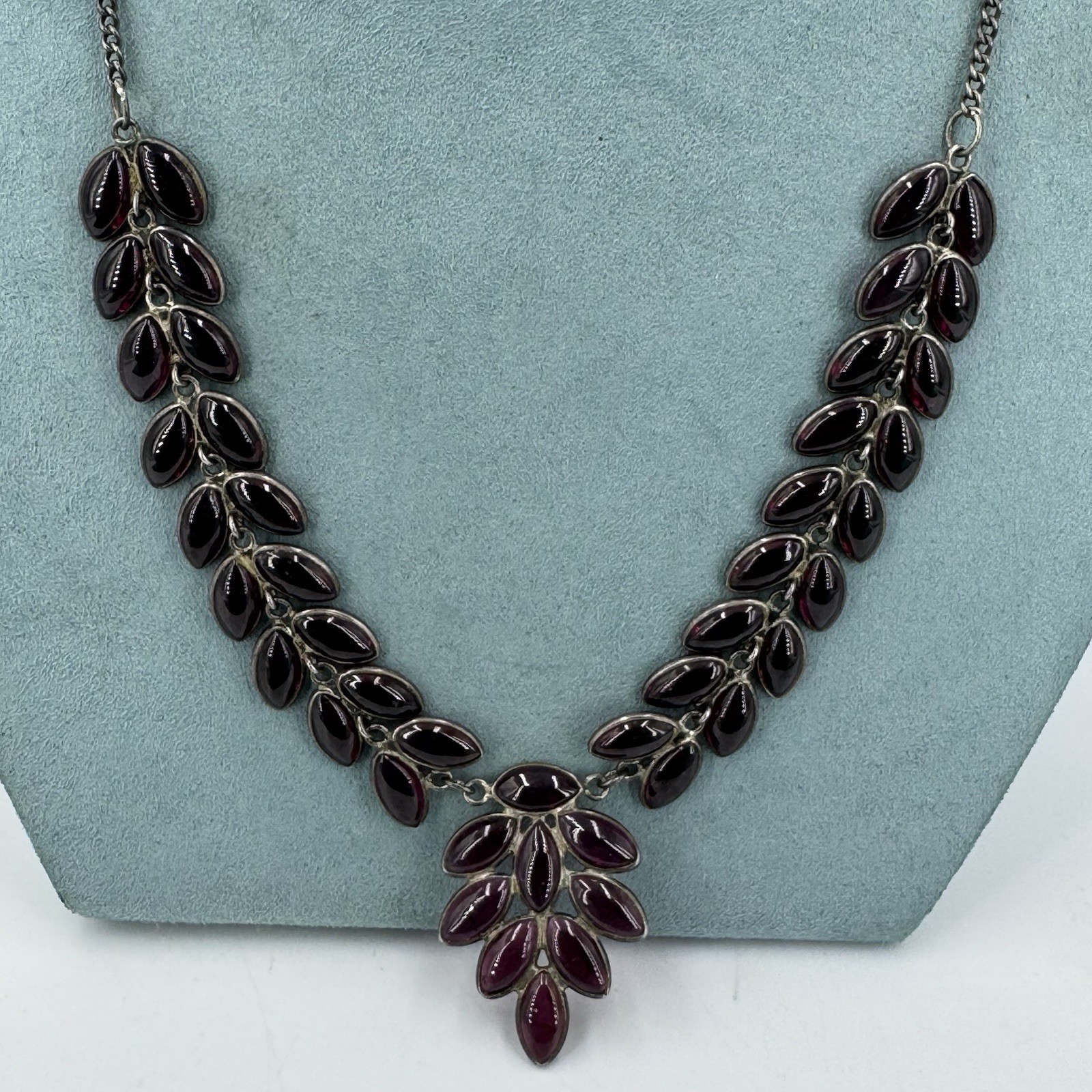 vintage 925 sterling silver necklace garnet bezel gemstone marquise drop 20”