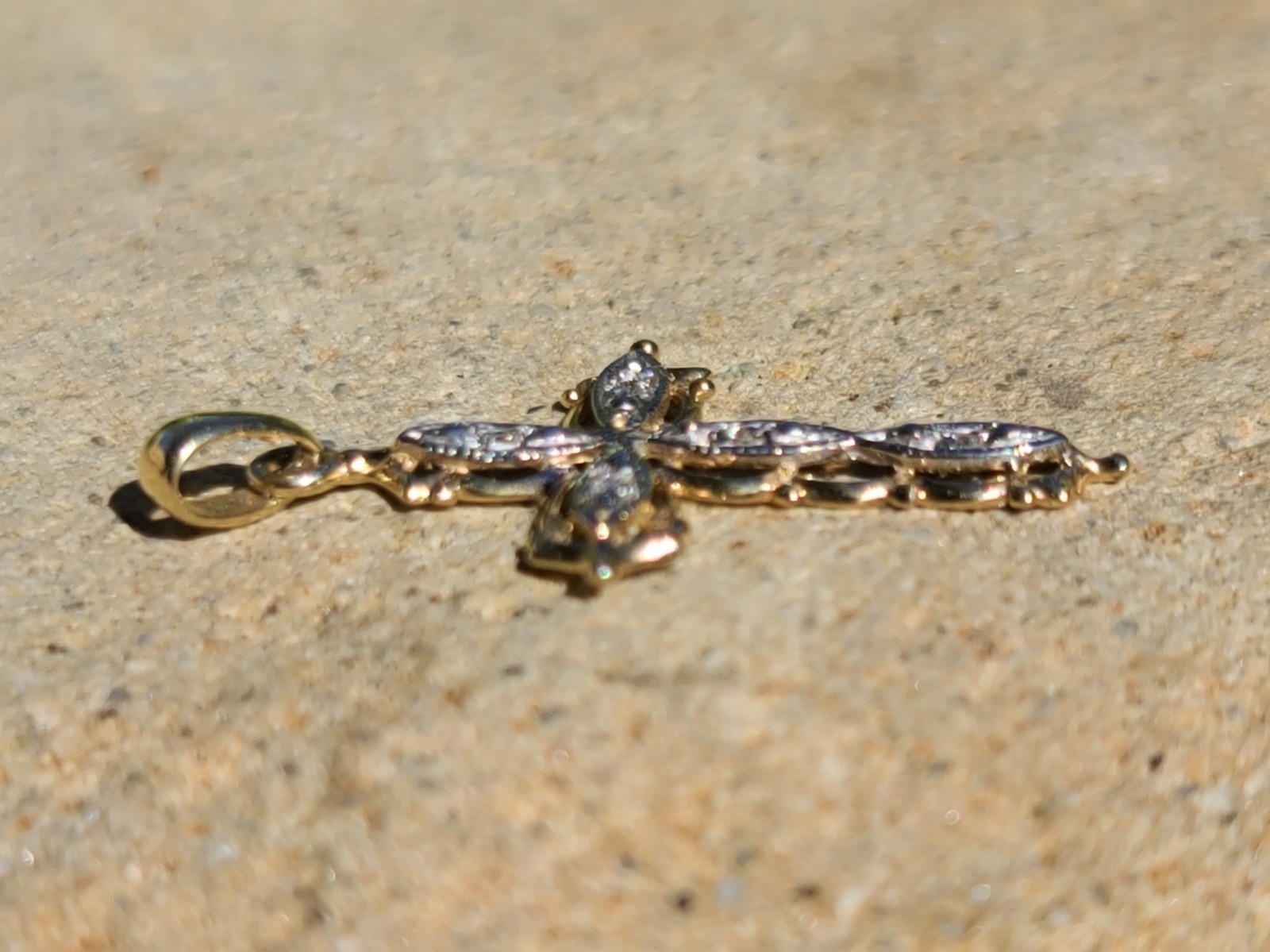 10k Solid Yellow & White Gold Diamond Cross Necklace Pendant 1.22″ Signed .99g