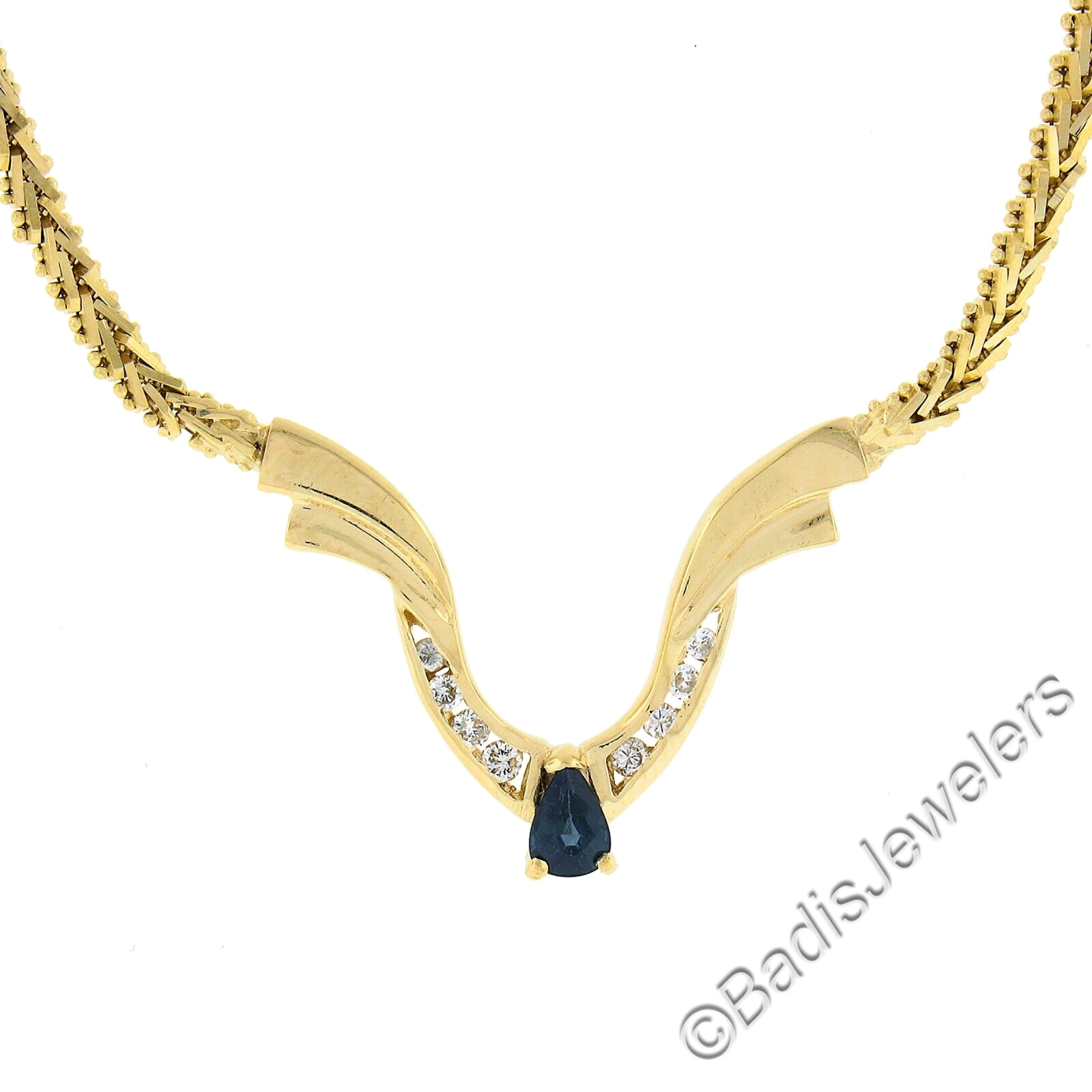 14k Yellow Gold 0.55ctw Pear Sapphire & Diamond 17″ Chevron “V” Chain Necklace