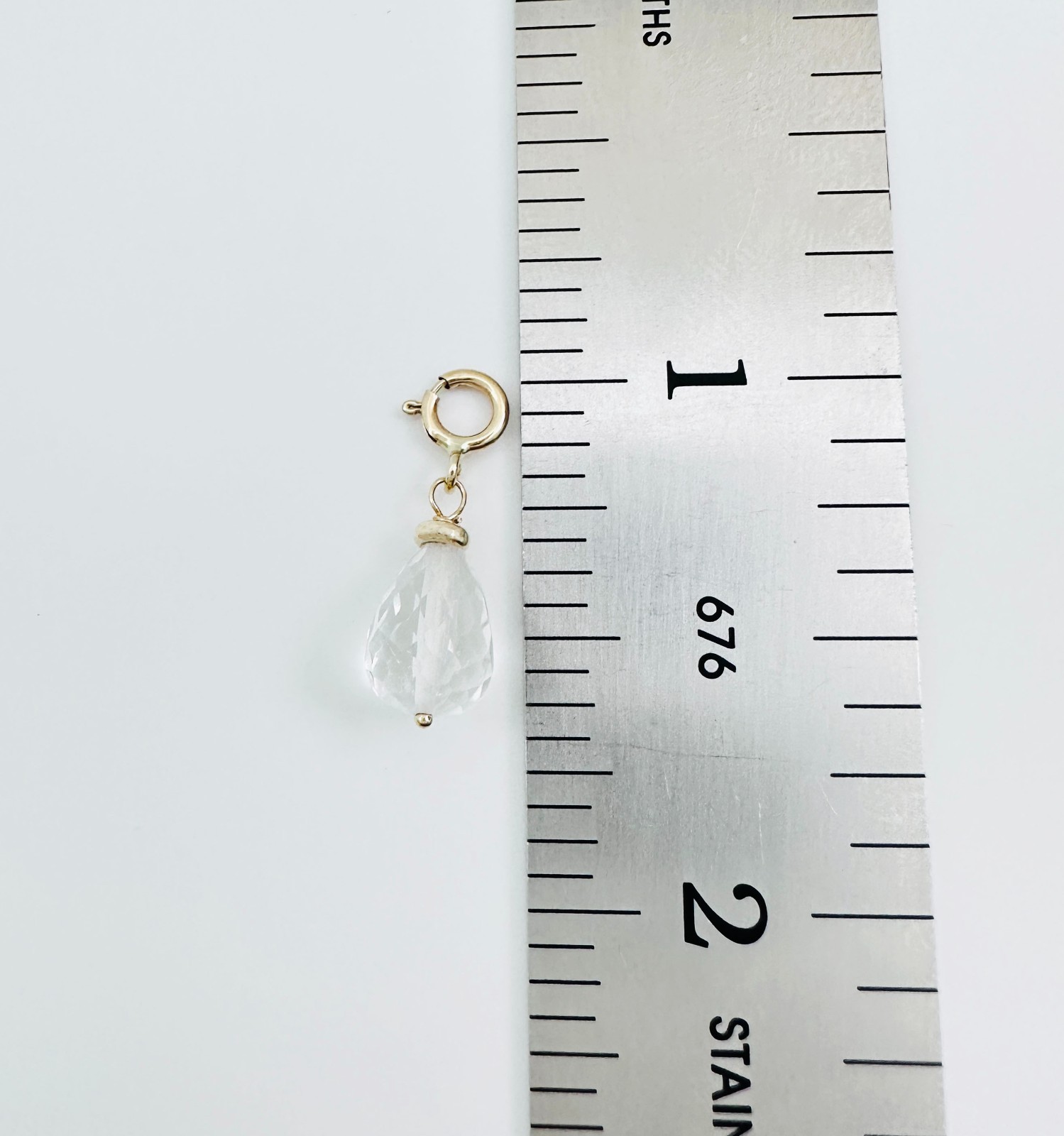 14K Solid Yellow Gold Small Clear Quartz Briolette Charm Pendant w/Spring Clasp