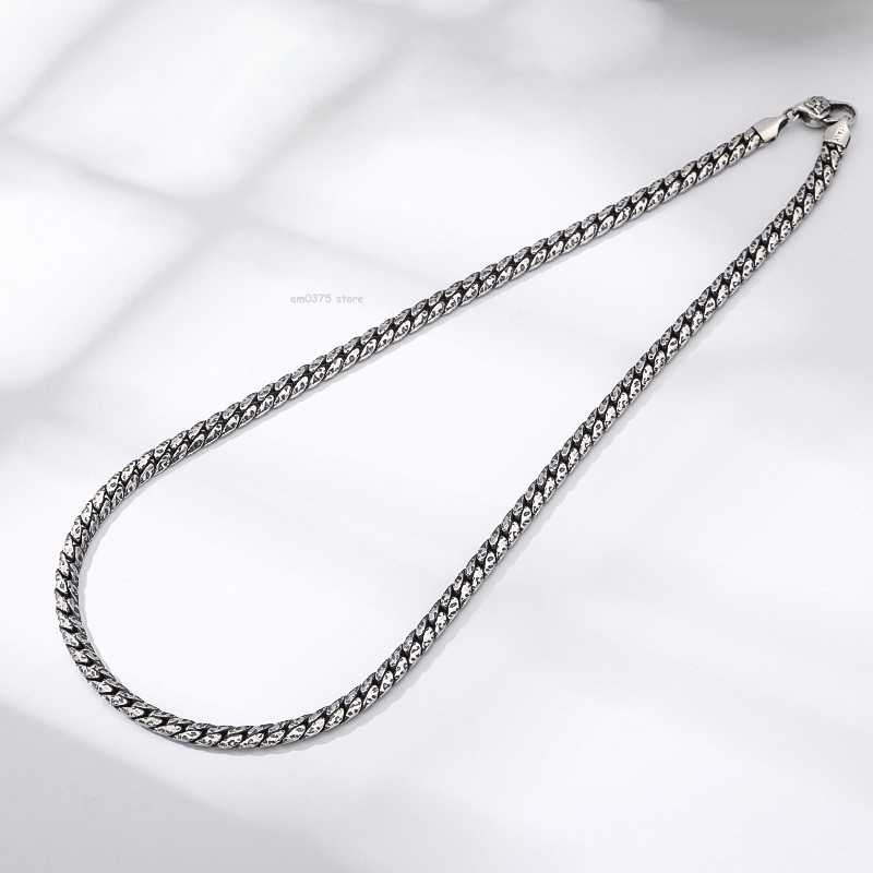 Solid 925 Sterling Silver Necklace Women Men 5mm Hammer Curb Link Chain Necklace