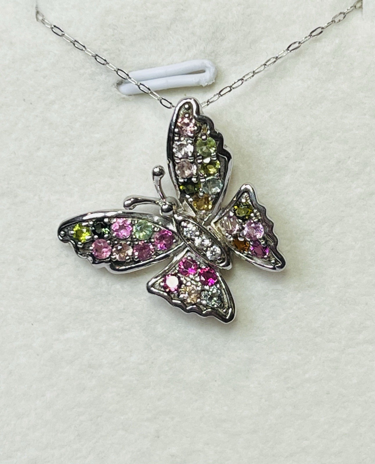 925 Sterling Silver Tourmaline Pink Green Blue Yellow Butterfly Pendant Necklace