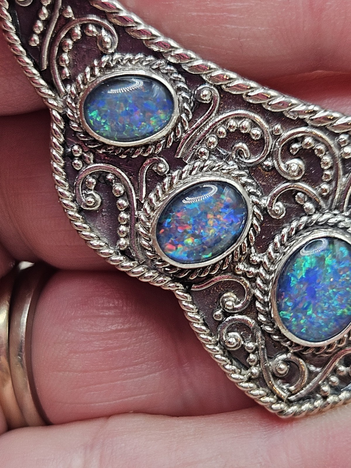 Sterling Silver Bib Style Necklace With 5 Oval Bezel Set Opals. 20″ Marked. 925.