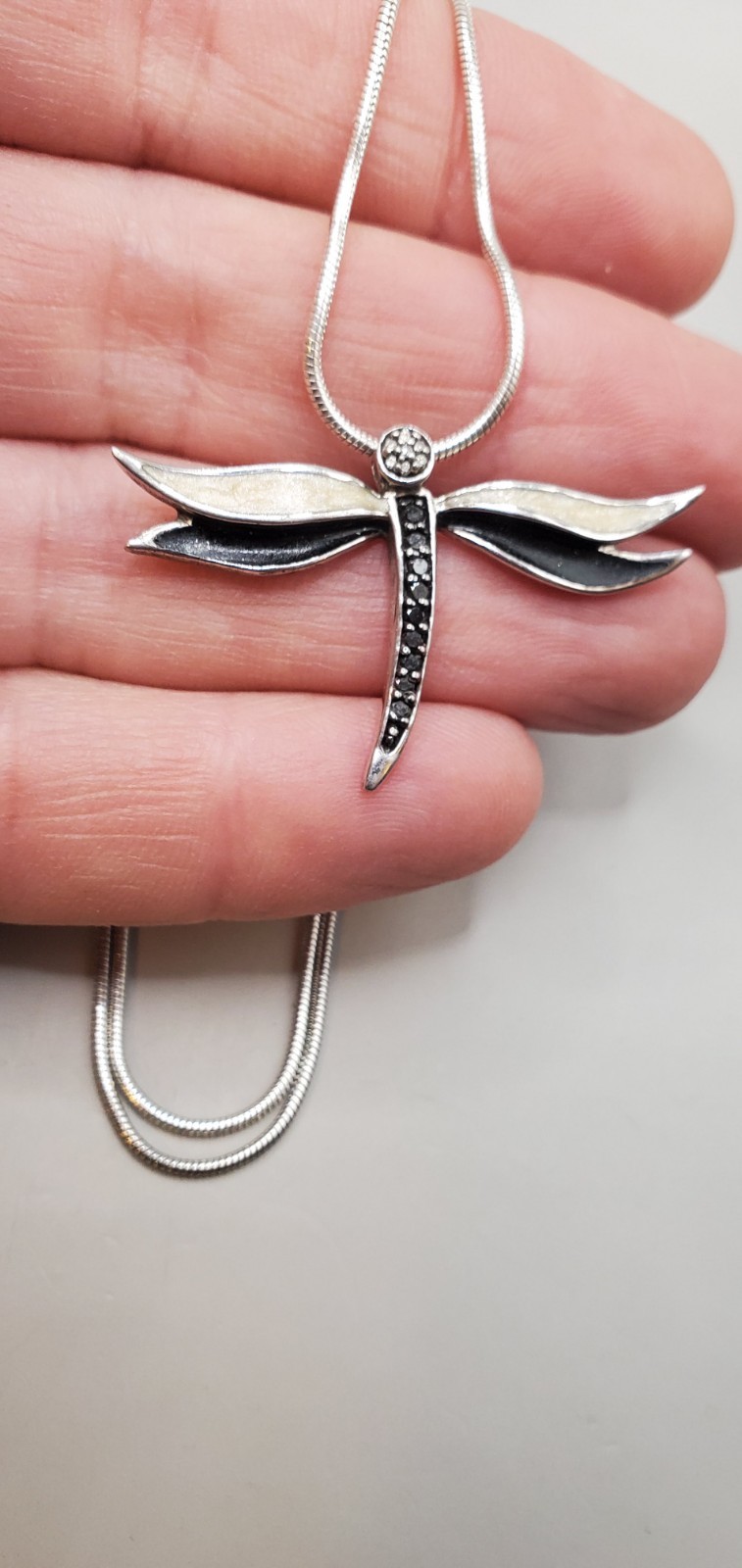 JWBR 925 STERLING BLACK &WHITE DIAMOND TESTED DRAGONFLY PENDANT & STERLING CHAIN
