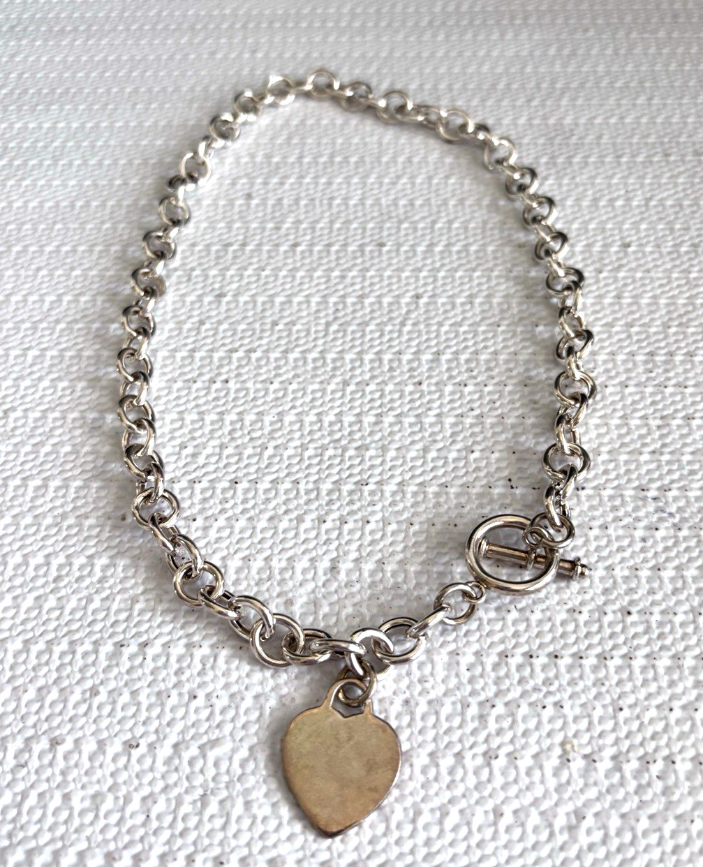 Sterling Silver 925 Round Link Front Toggle Necklace With Heart Dangle 31 Grams