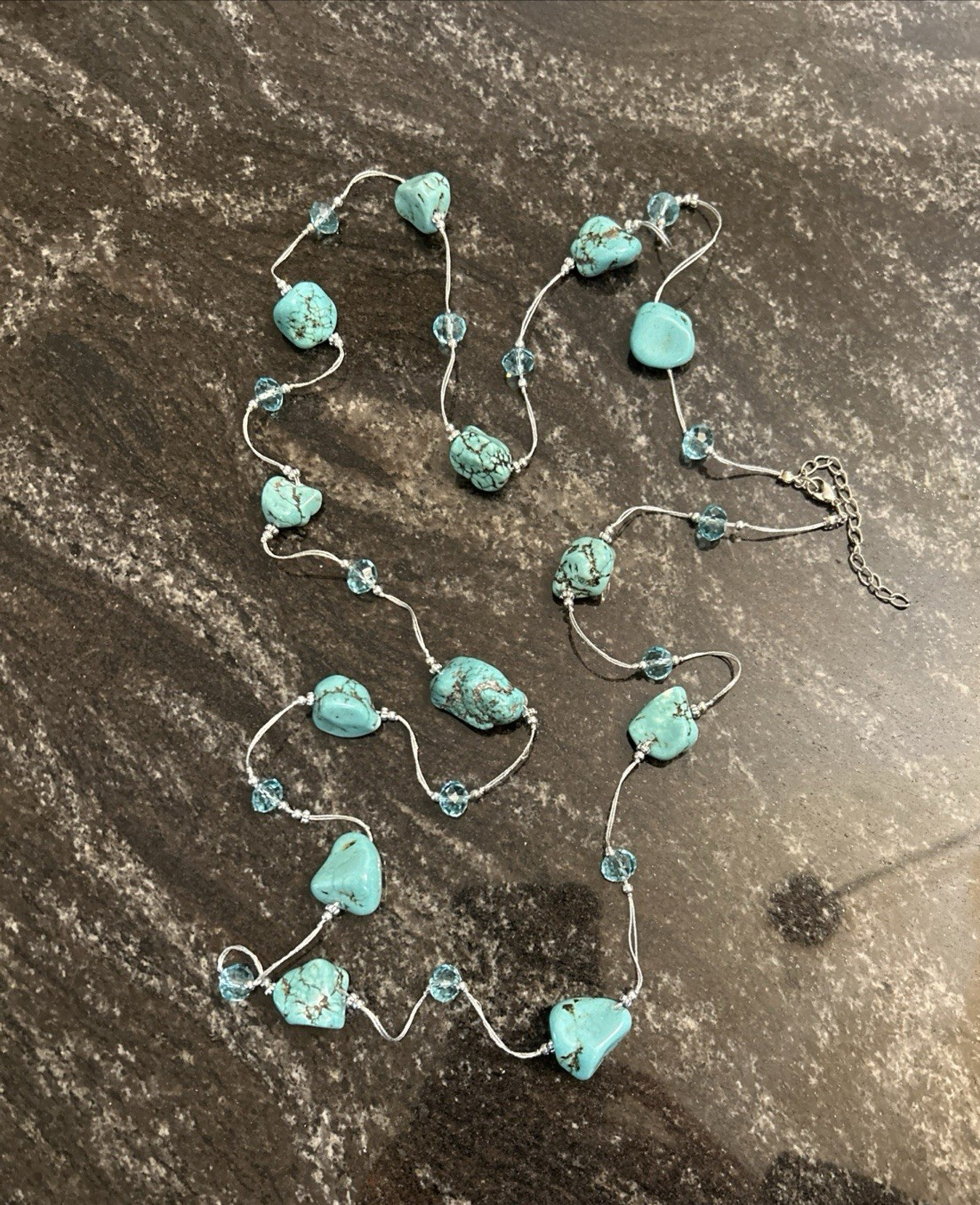 Boutique Turquoise Nuggets w/Crystal Beads Spun Silver Chain Necklace 56” 98.8g