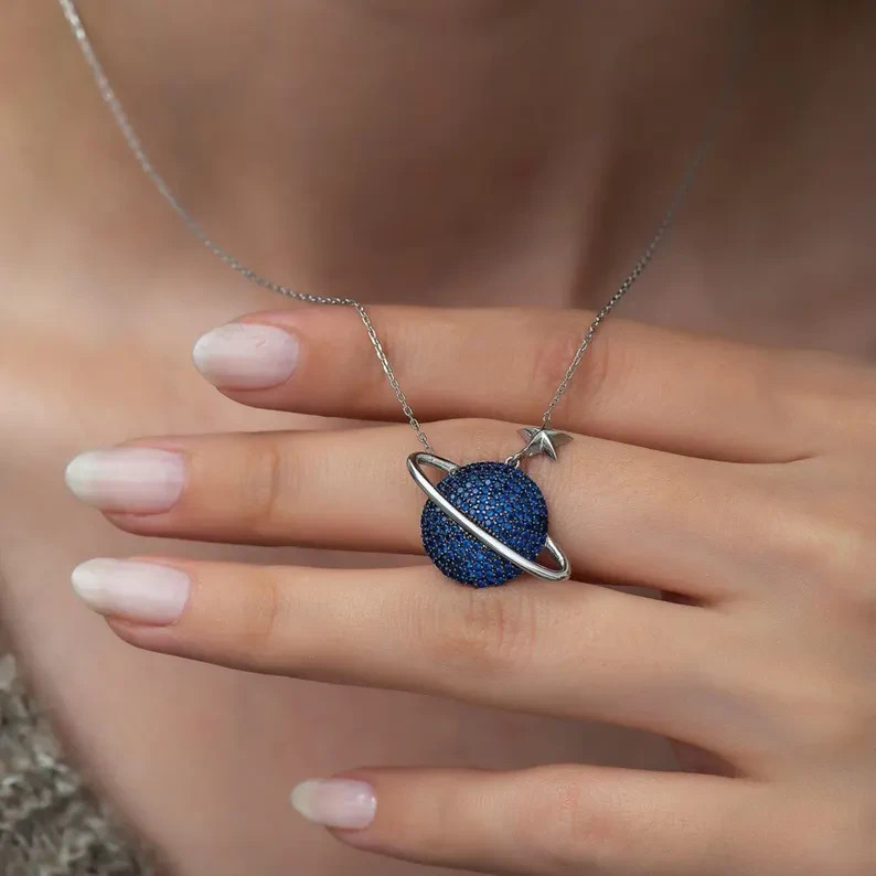Saturn Planet 18 In Pendant For Girlfriend Round Natural Sapphire 14k White Gold