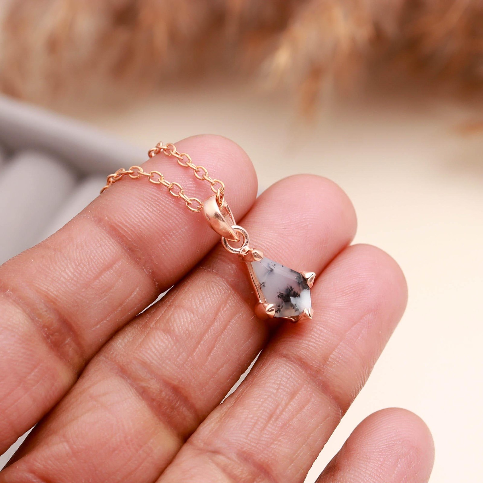 Natural Dendrite Opal Kite Necklace Rose Gold Plated 925 Sterling Silver Jewelry
