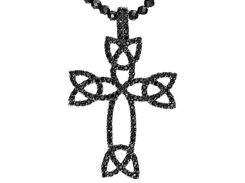 22.75 TCW BLACK SPINEL CROSS PENDANT & SPINEL BEAD CHAIN NECKLACE 24″ 14K BGP