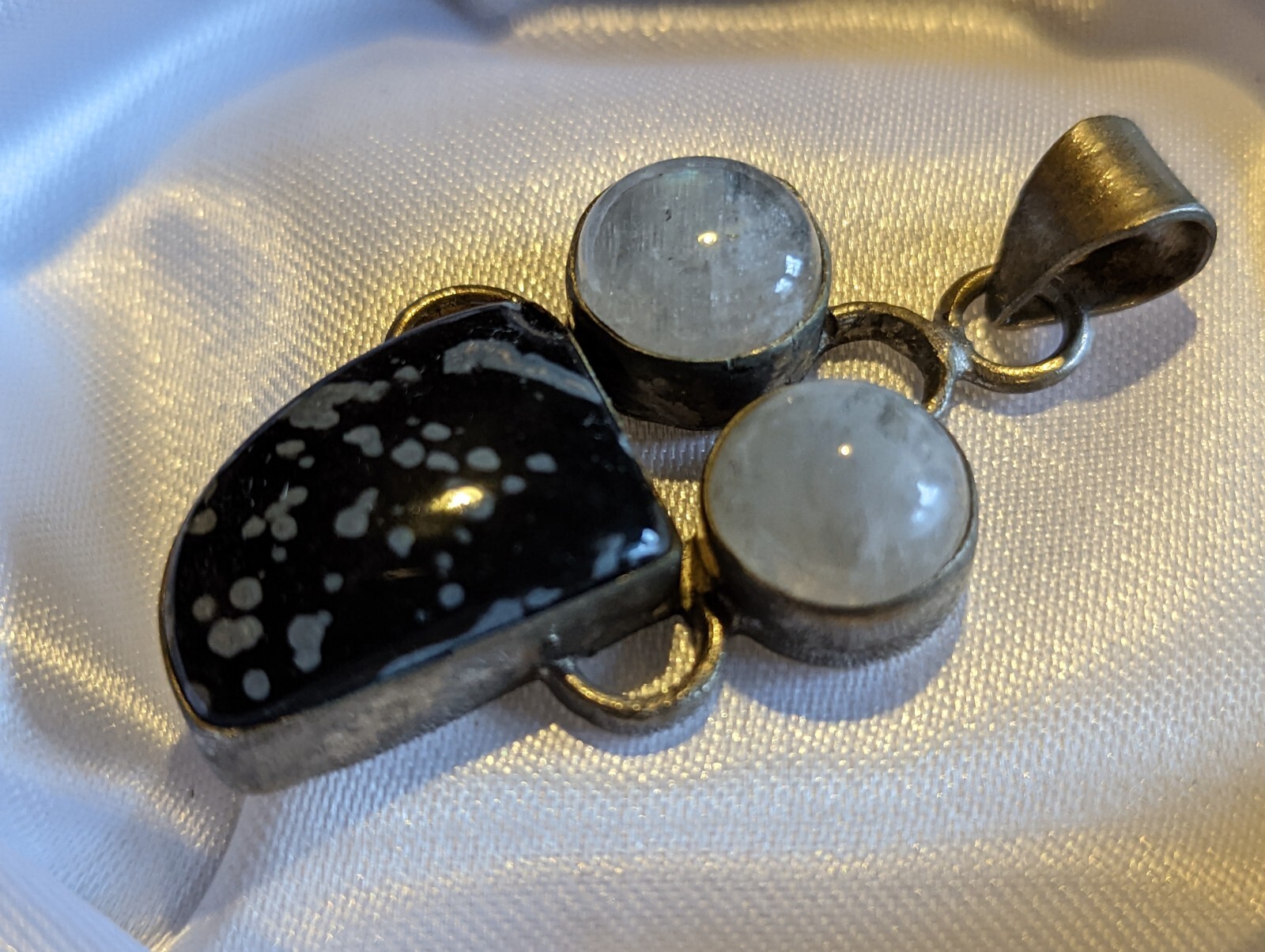 Vintage Natural Jasper & Moonstone Gemstone Pendant on German Silver 11g 50x24mm
