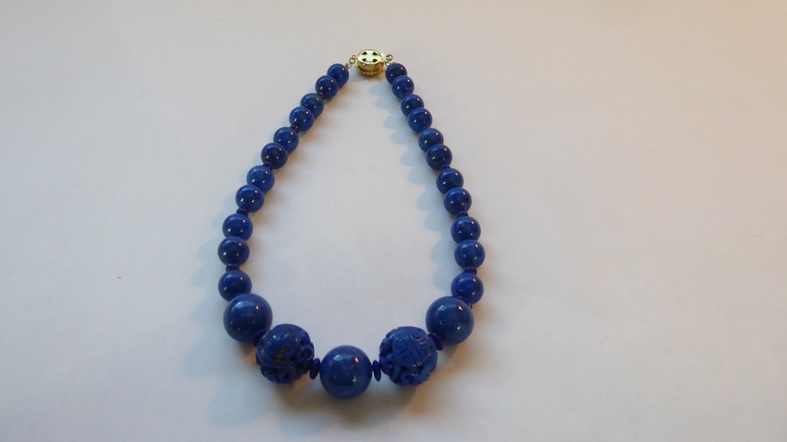 Carved Lapis Lazuli Bead Statement Necklace 15″ long 15mm & 9mm Round beads Asia