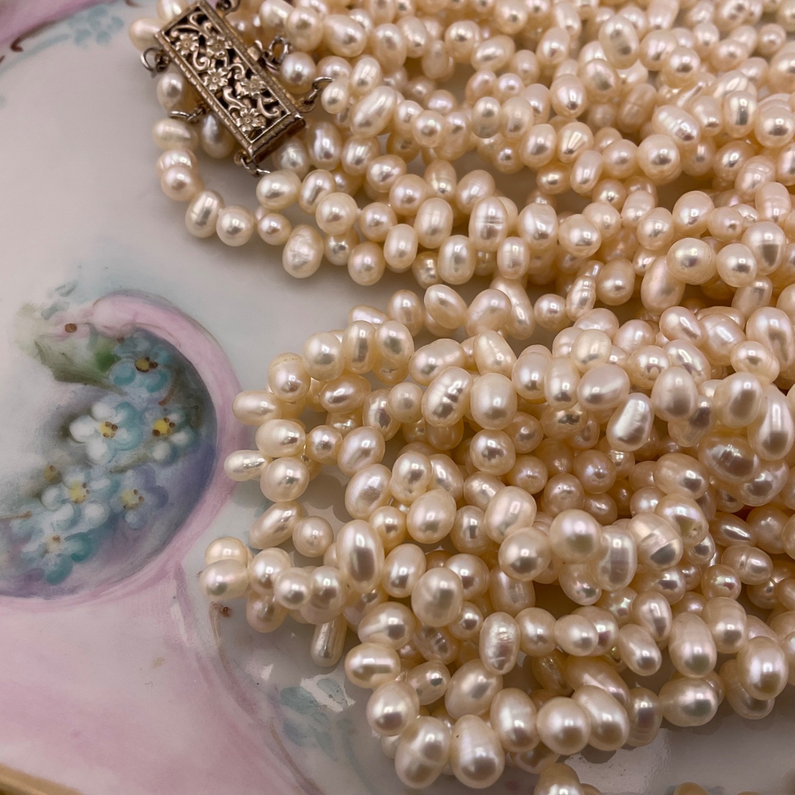 Vtg Freshwater Pearl Multi Strand Necklace 925 Gold Vermeil Filigree Clasp 18.5”