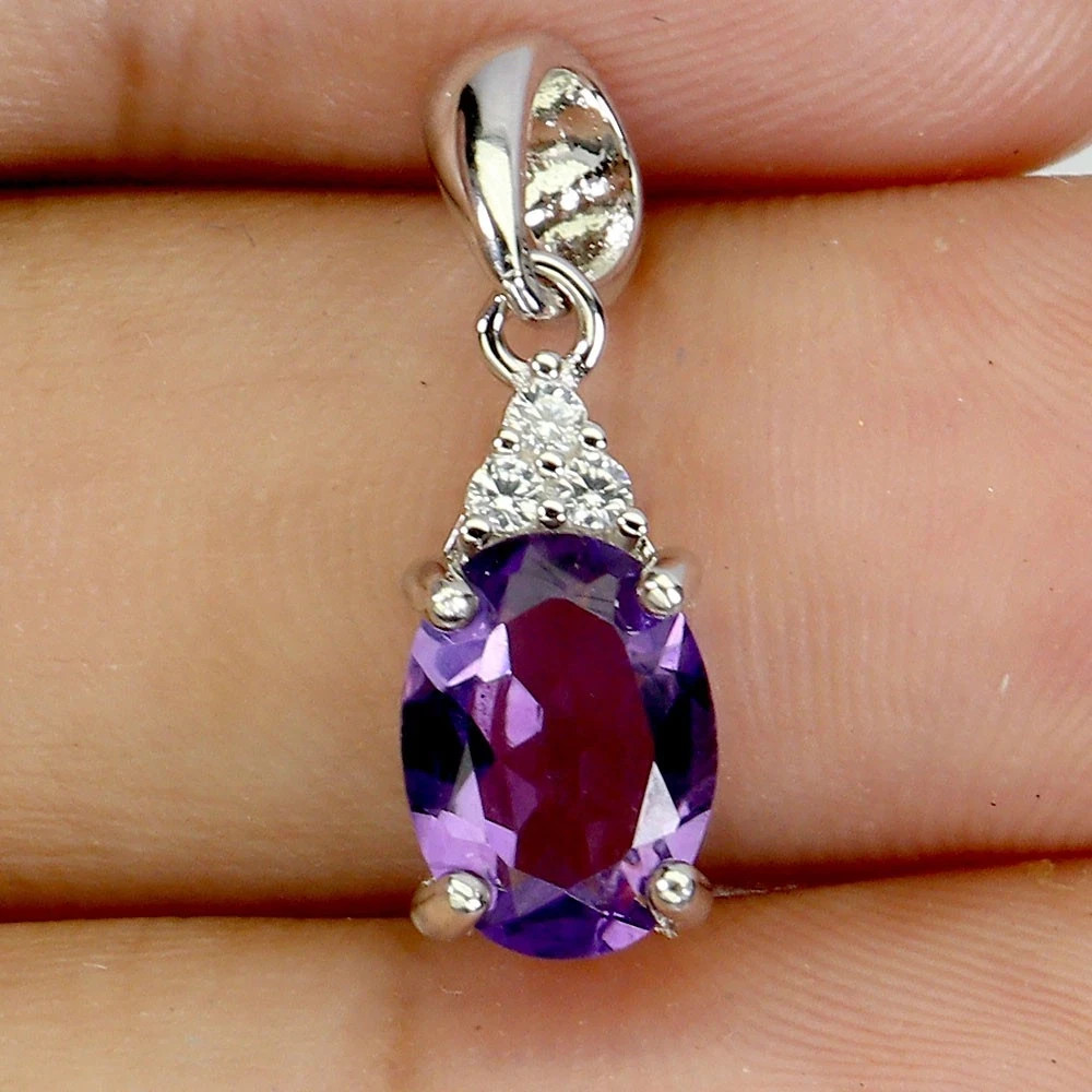 New Natural 8x6mm Purple Amethyst CZ Oval Pendant Charm 925 Sterling Silver