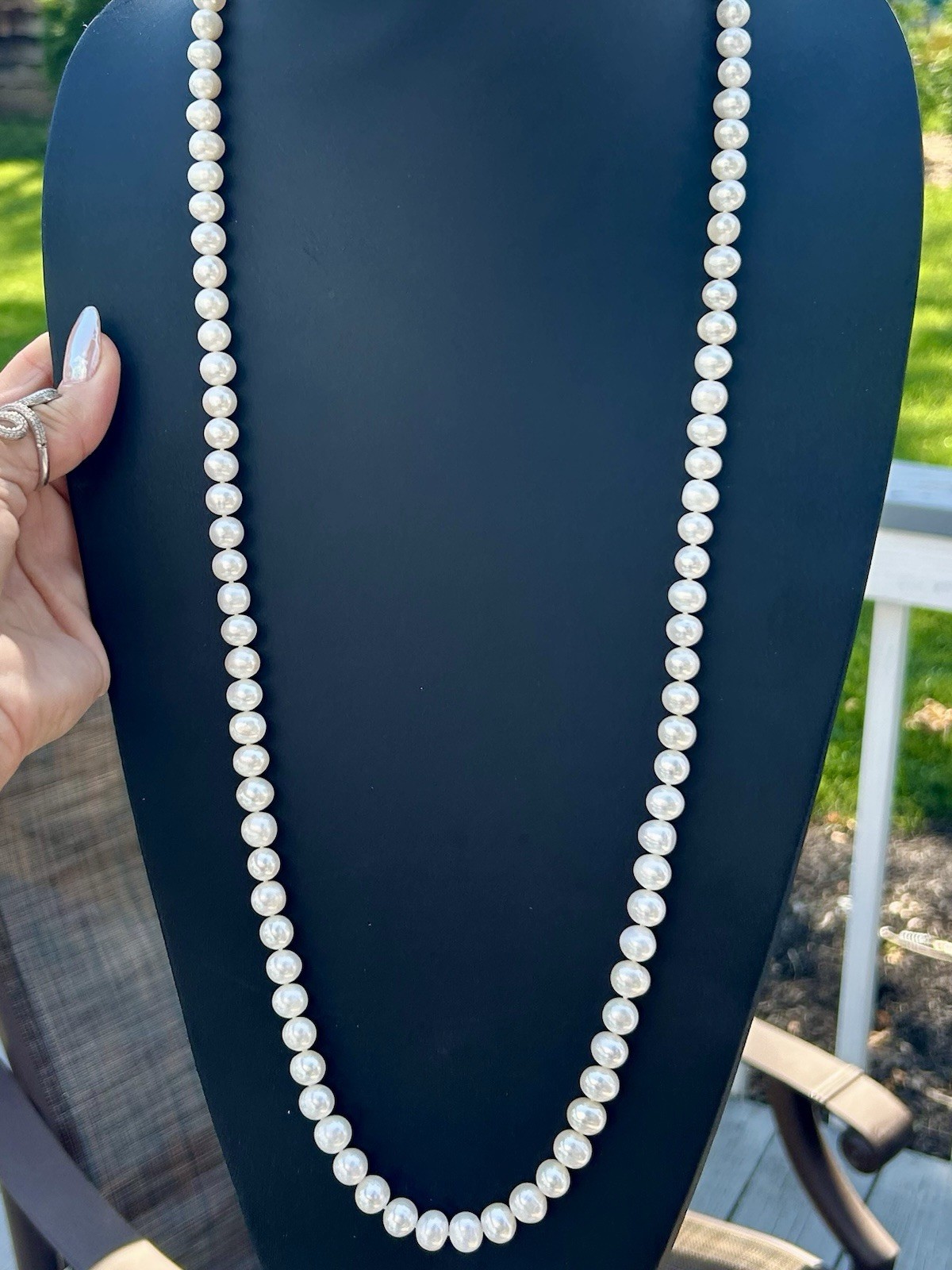 Vintage 34” Cultured Pearl Necklace 14K Gold Clasp Knotted 7.5-8mm Estate