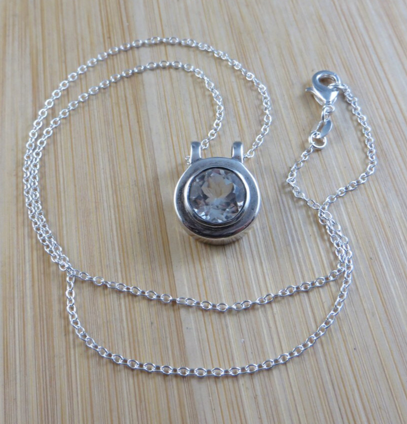 Very Light Blue Topaz Sterling Silver Round Pendant 18″Chain Necklace #586