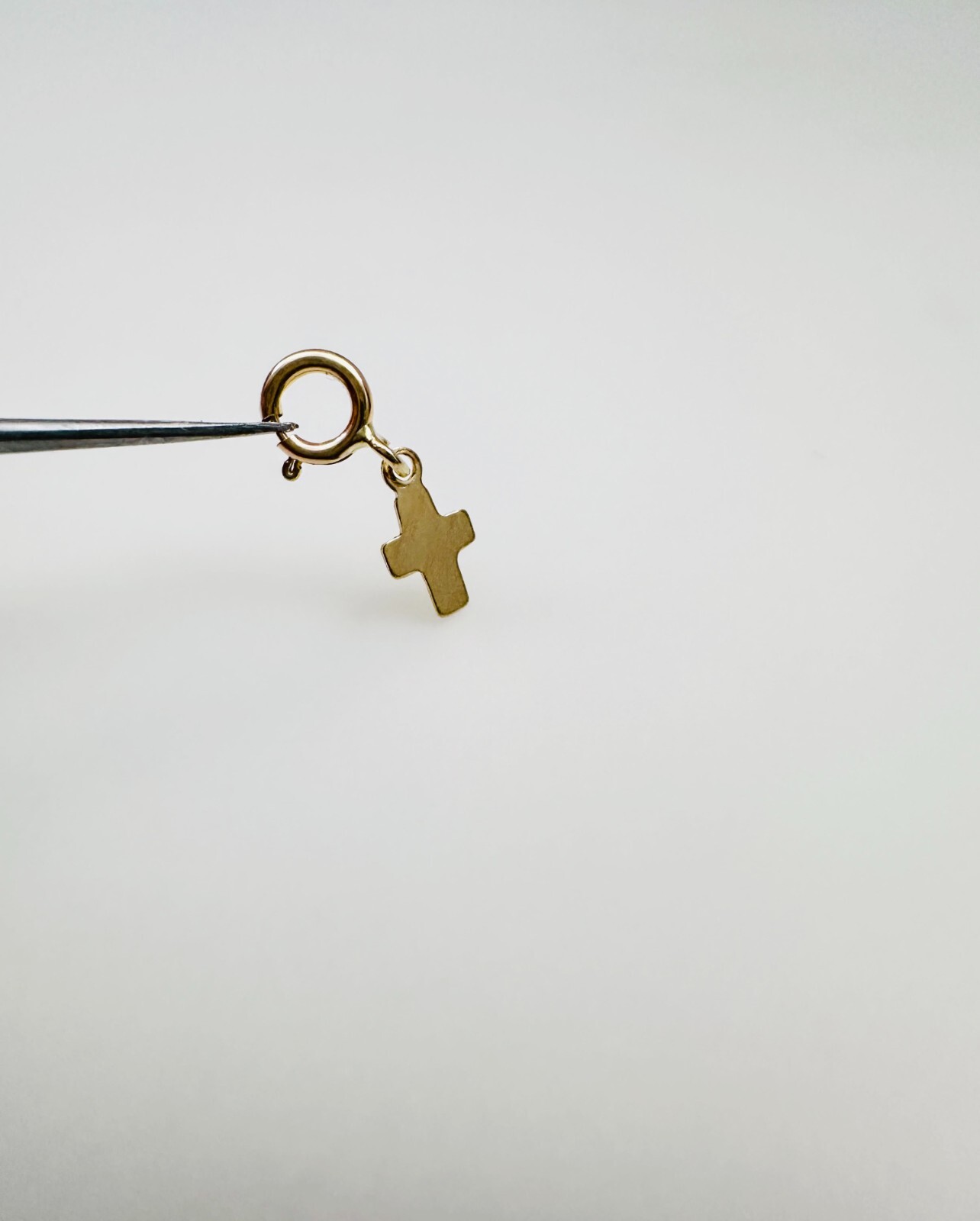14K Solid Yellow Gold Teeny Tiny Cross Charm Pendant w/Spring Clasp