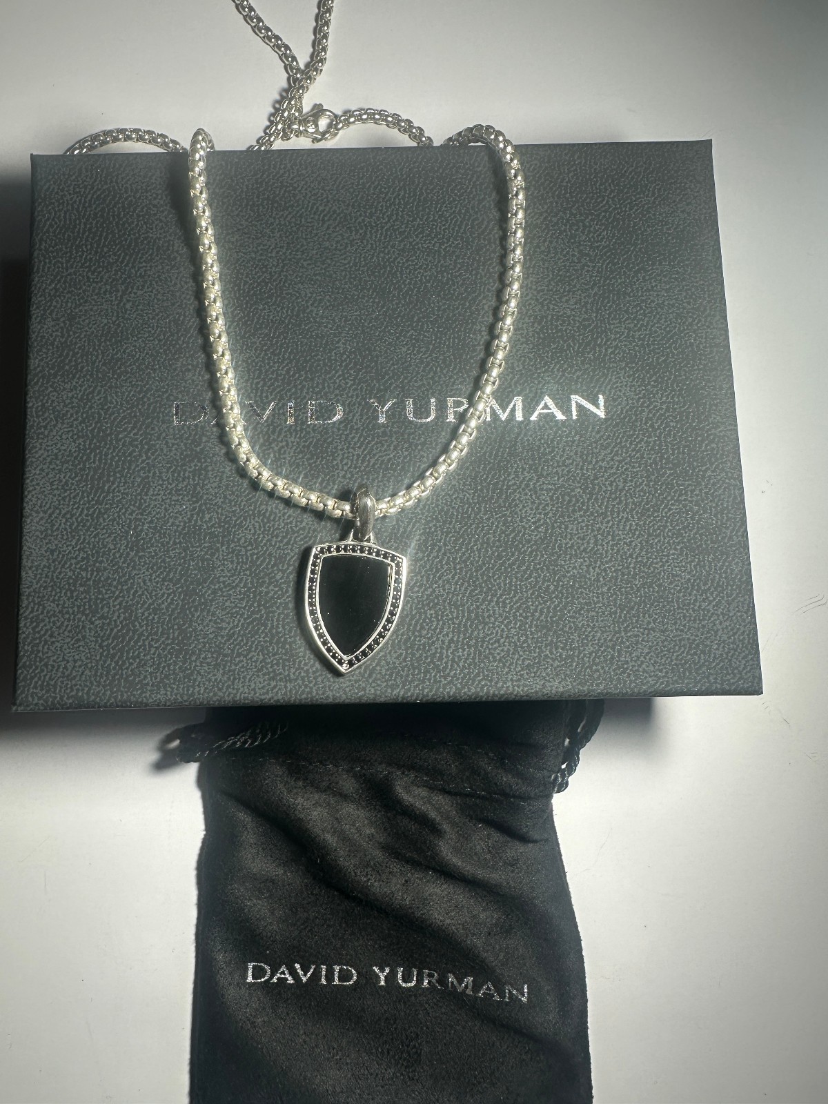 925 David Yurman Shield Amulet Necklace with Black Onyx & Pave Black Diamonds
