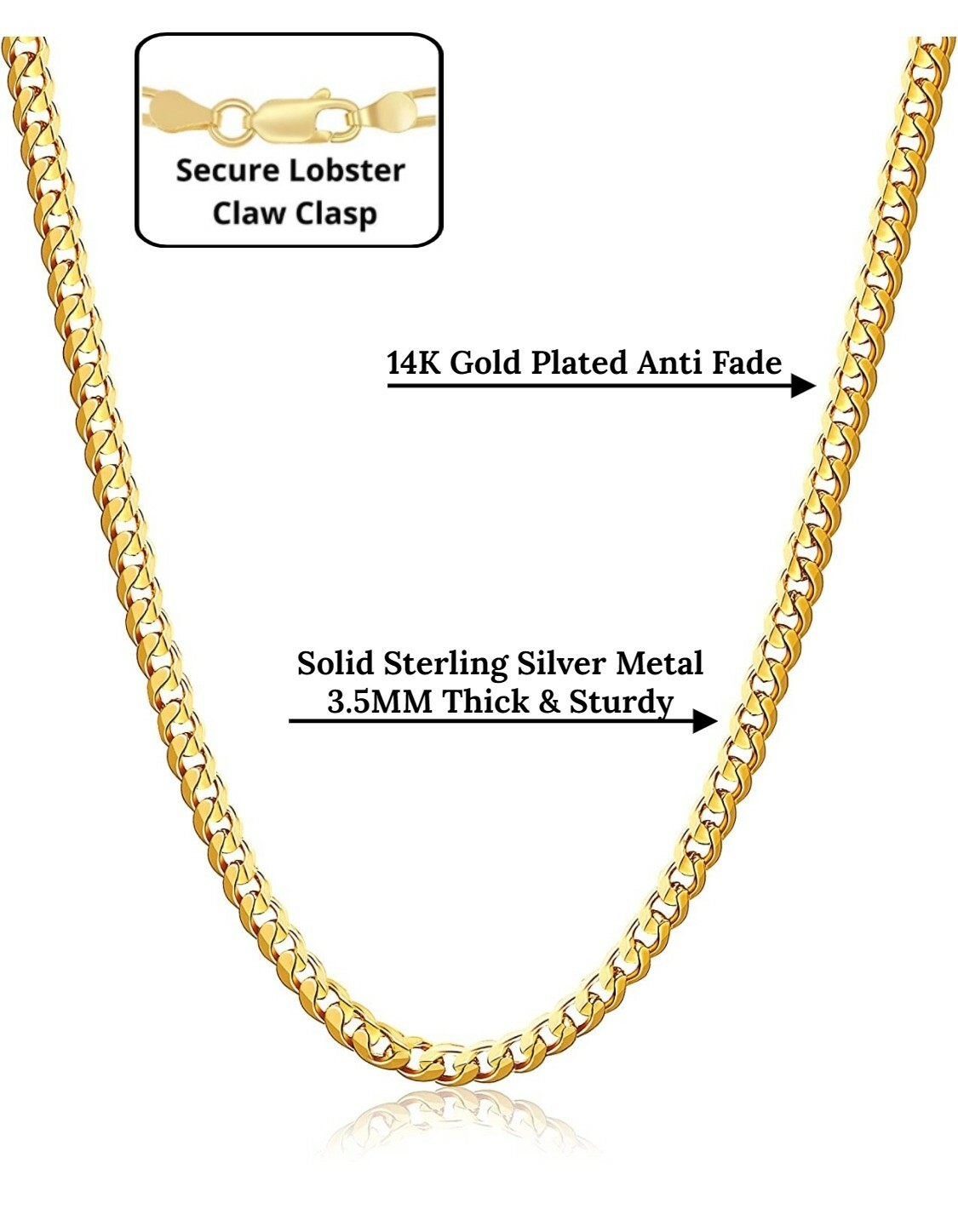 14k Yellow Gold Plated Over Solid 925 Sterling Silver 3.5MM Miami Cuban Chain
