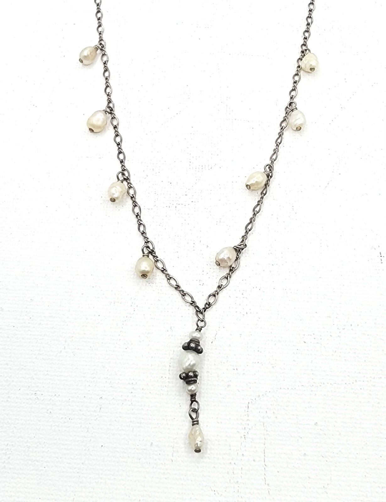 Sterling Silver Freshwater Pearls Y Lariat Vintage Necklace Central Drop Pendant