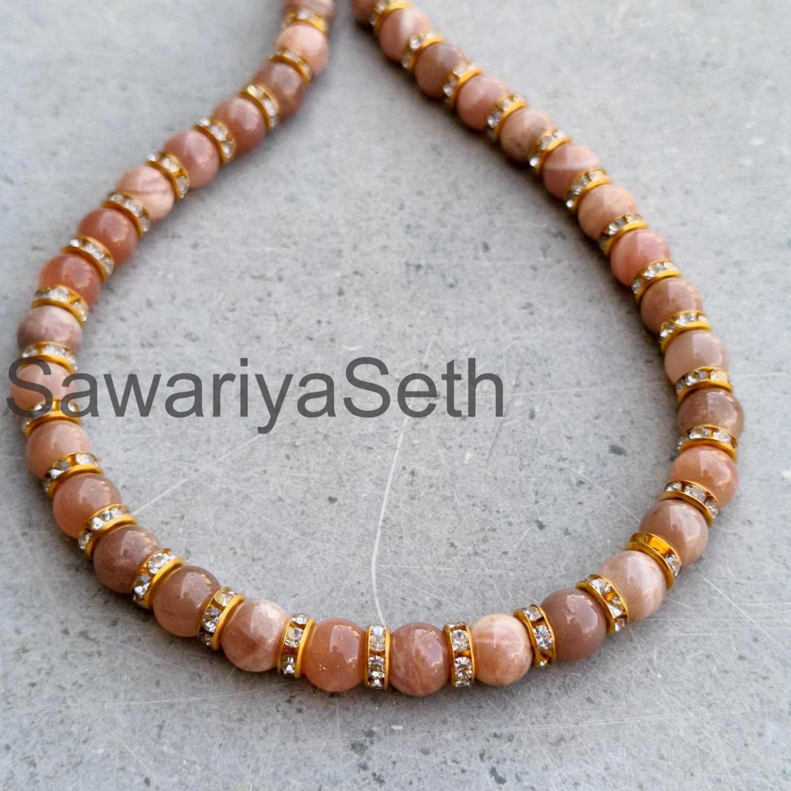 Brown Moonstone 8mm Beaded Necklace, Sterling Silver Clasp, June Birthstone Chok