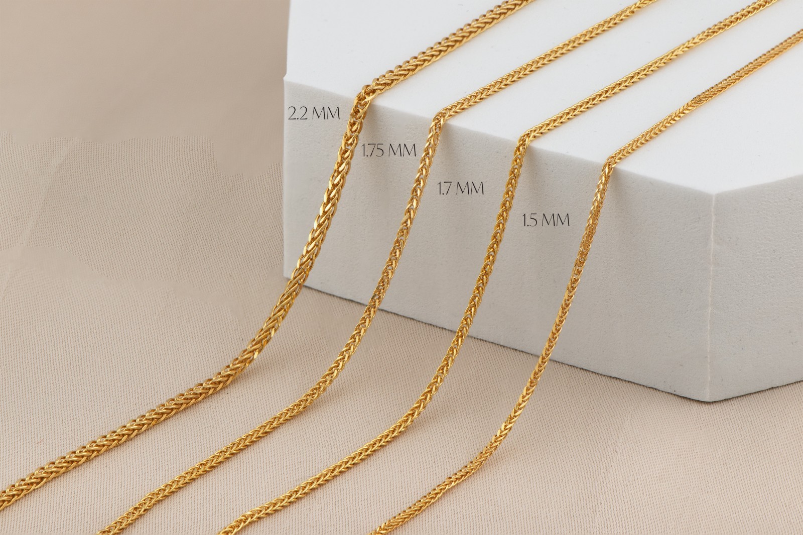 14K Solid Yellow Gold 1.75 mm Square Wheat Chain Necklace 16”,18”,20”,22”,24”