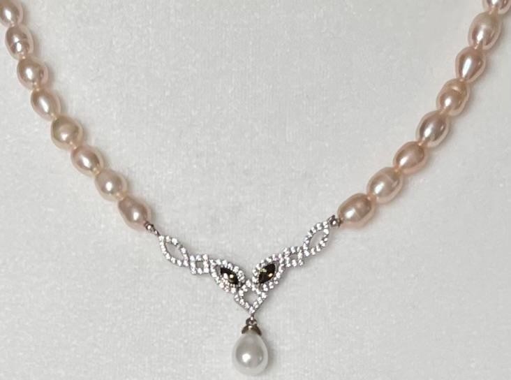 REAL PERIDOT Pearl SAPPHIRE 14K W Gold on SOLID 925 Drop Necklace PINK Victorian