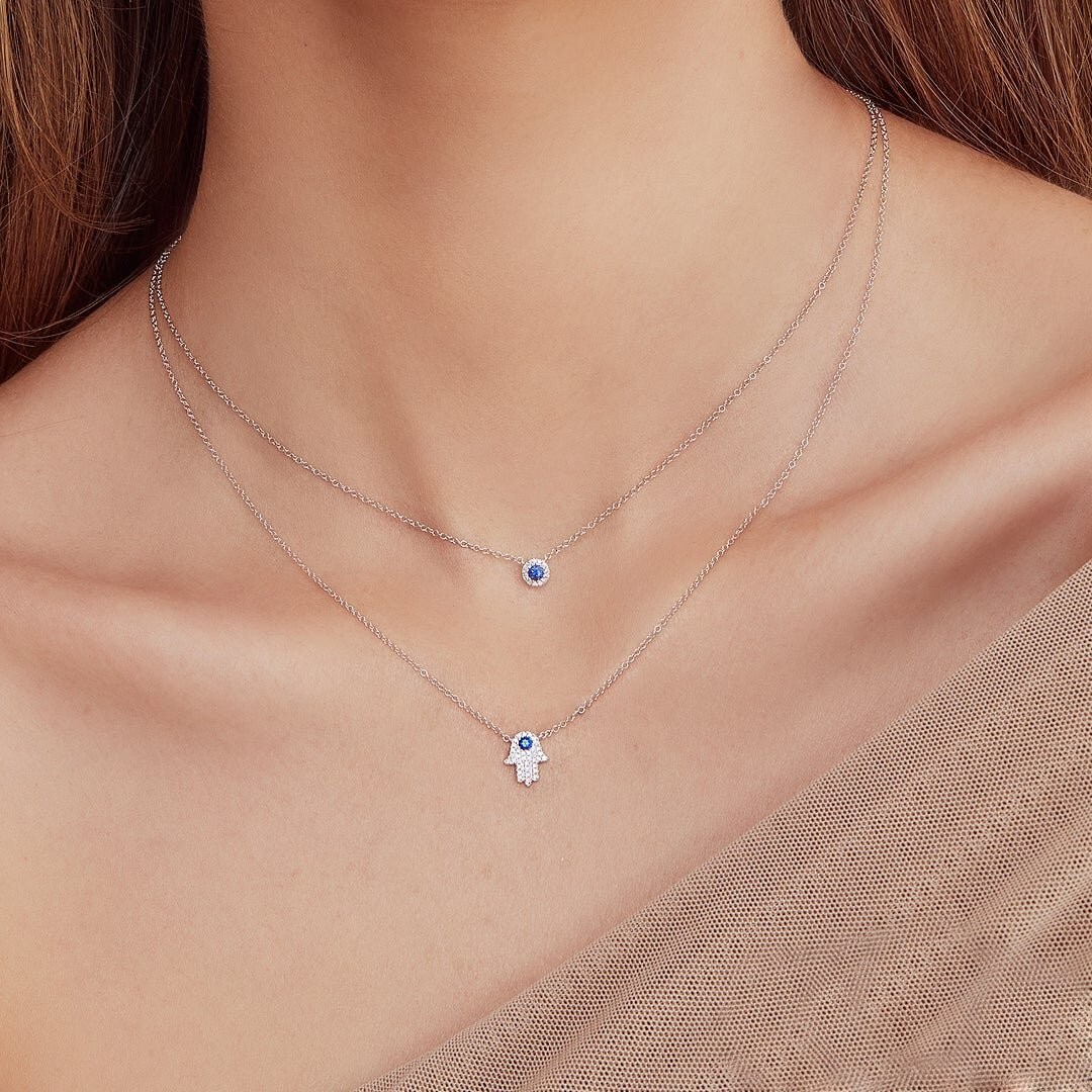 14K Rose Gold Diamond Blue Sapphire Hamsa Hand Pendant Necklace Natural 0.17 CT