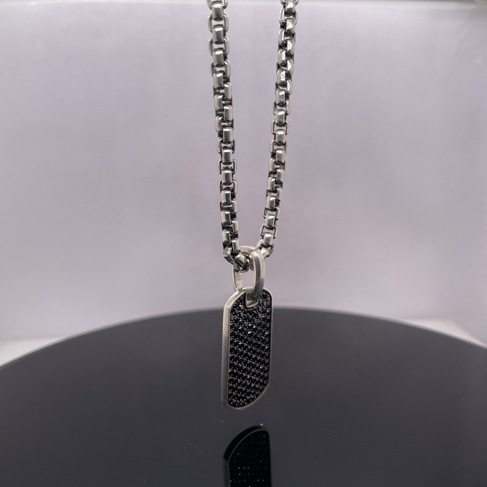 David Yurman Silver Black Diamonds Chevron Tag Pendant Necklace $2600 / 27mm
