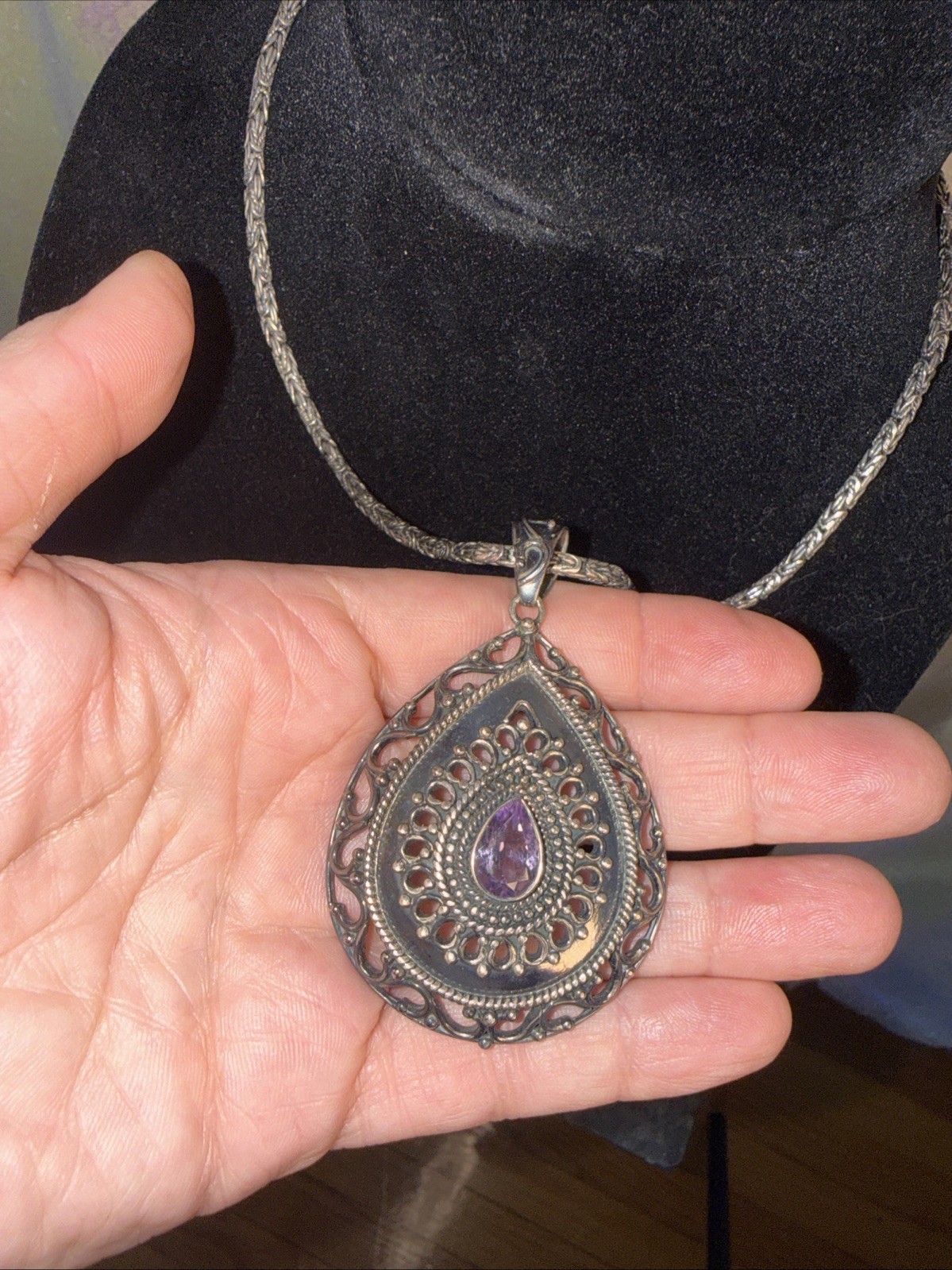 DP Oxidized Sterling Silver Large Tear Drop Amethyst Pendant Necklace India 18”