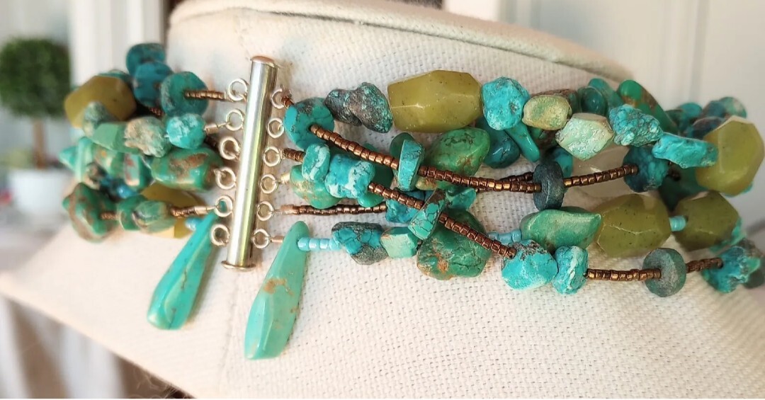 Vintage ? Native American ?Stone Bead Choker 6Row Necklace Turquoise Nuggets 925