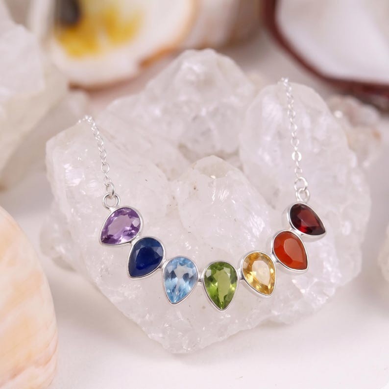 Multi Color Rainbow Gemstone Pendant 925 Sterling Silver Chain Necklace Jewelry