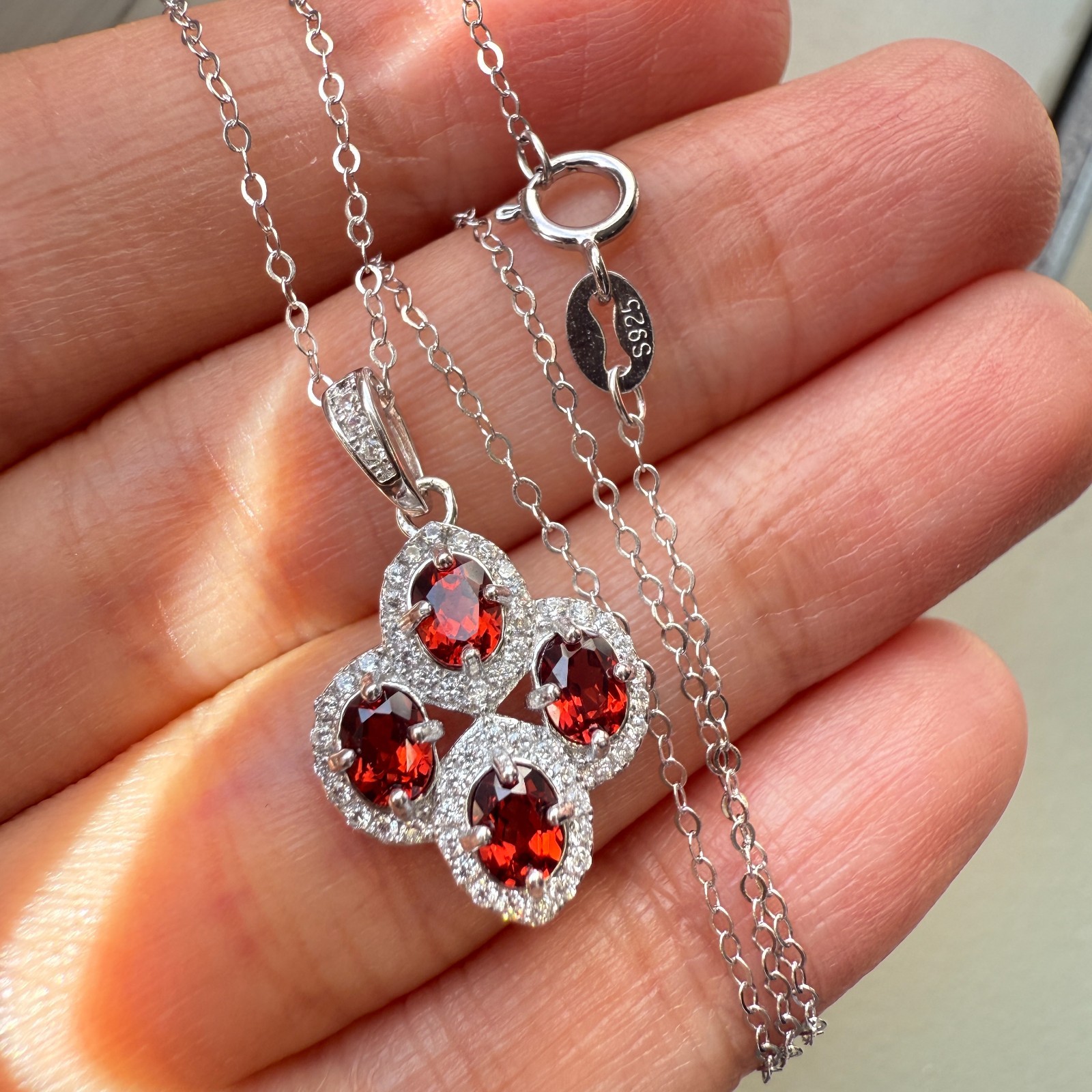 925 Sterling Silver Necklace 4x3mm Natural Garnet Gemstone Zircon Flower Chain