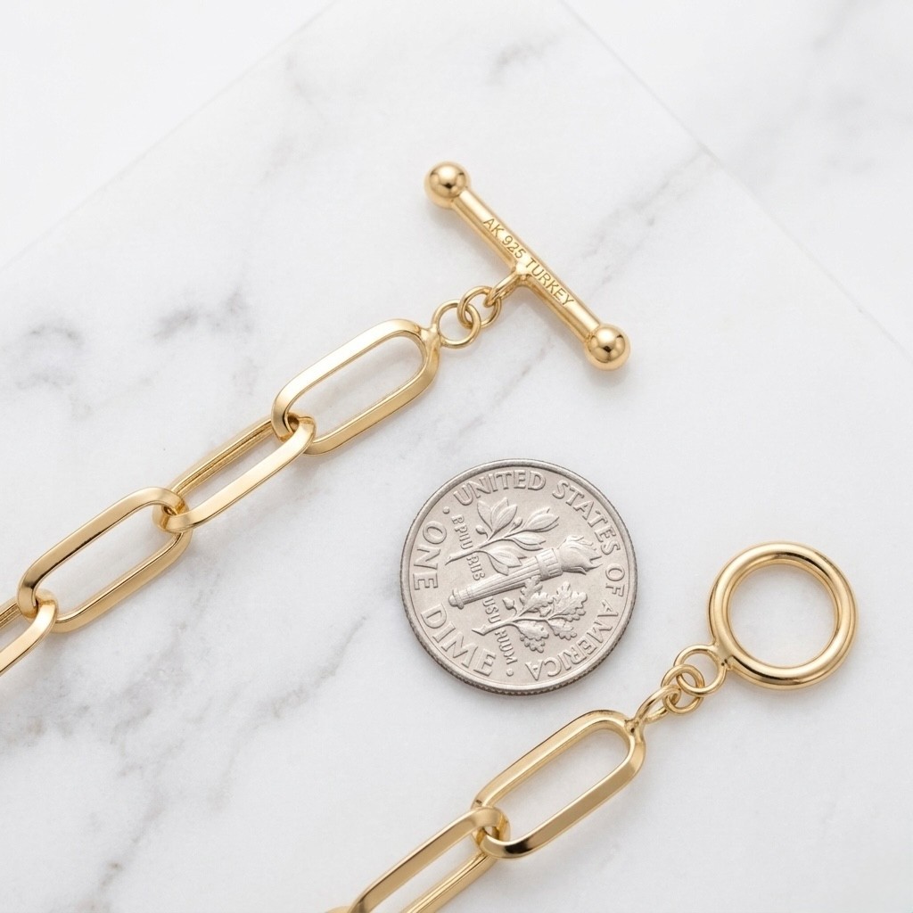 14K Yellow Gold Plated Silver Technibond Oval Paper Clip Chain Toggle Necklace