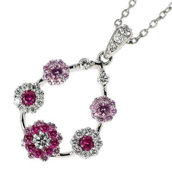 K18WG ruby pink sapphire diamond pendant necklace D0.35 R0.20ct PS0.20ct flower