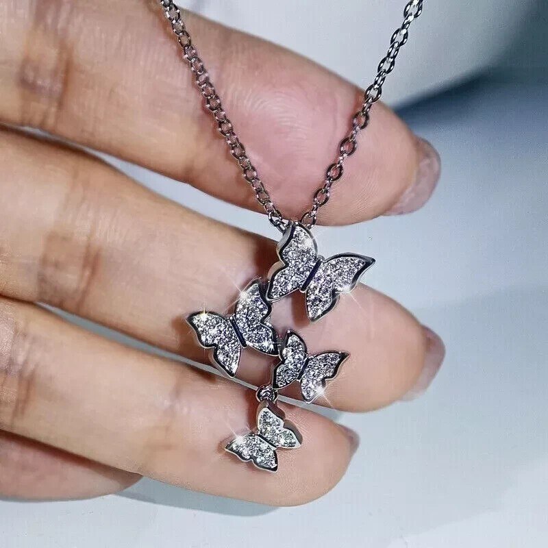 Dangler 3-Butterfly Shape Round Cut Natural Diamond Women’s Pendant 14k Gold